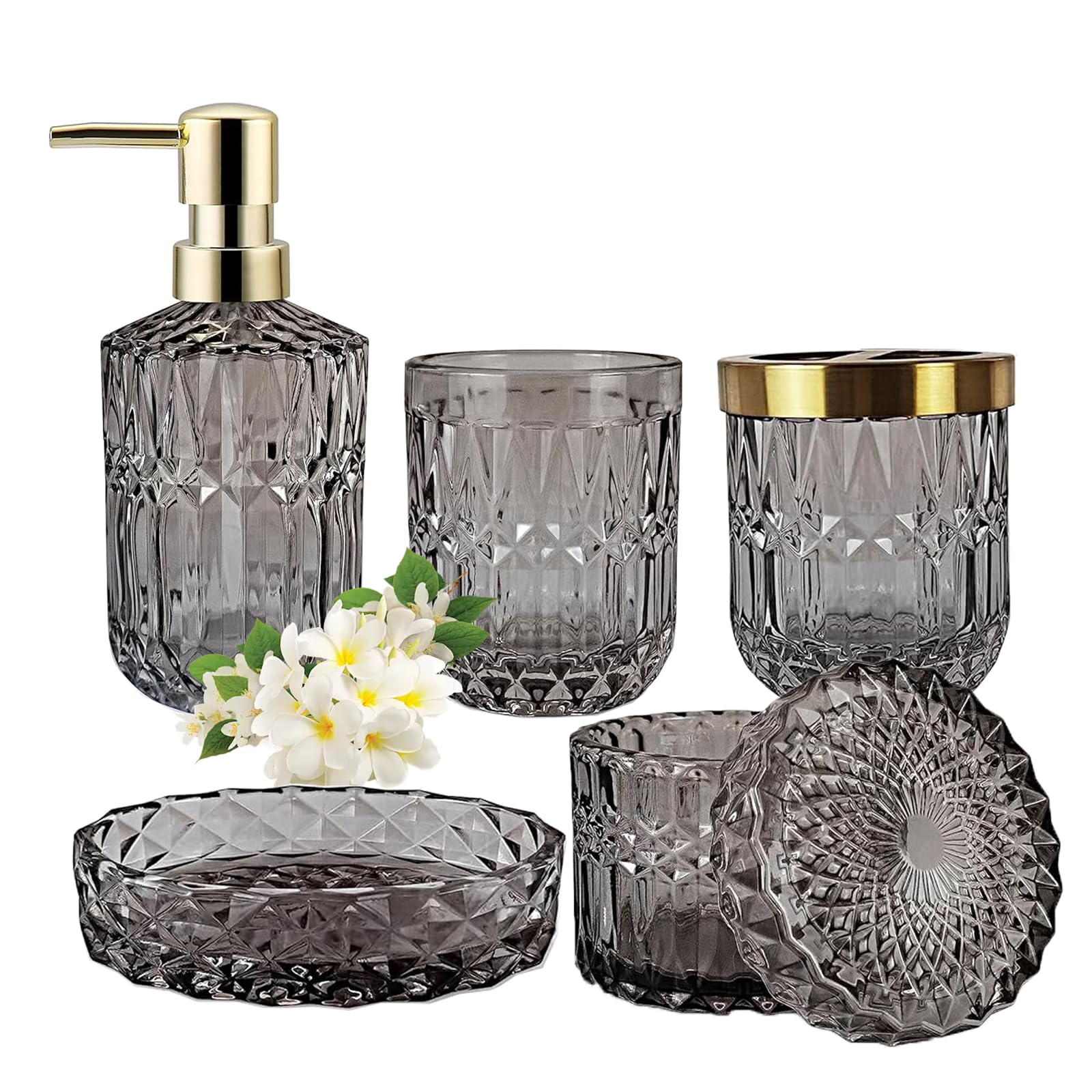 Glass Bathroom Accessories Set, 5 Piece Grey Vanity Organizer Set