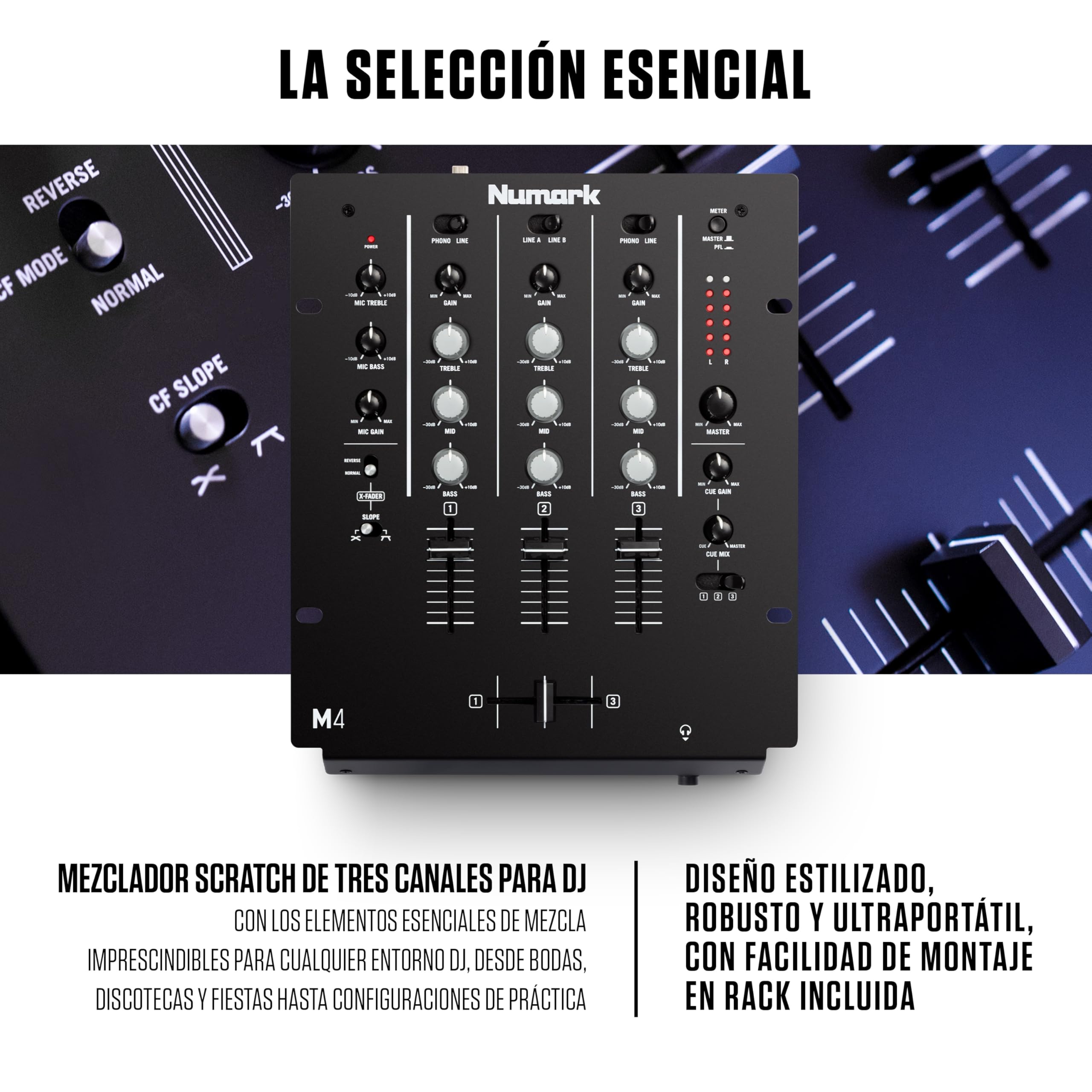 Numark M4 Mesa de Mezclas DJ de 3 Canales para Scratch, Instalable en Rack, con EQ de 3 Bandas, Entrada de Micro y Crossfader Reemplazable con Controles Inversión y Curva