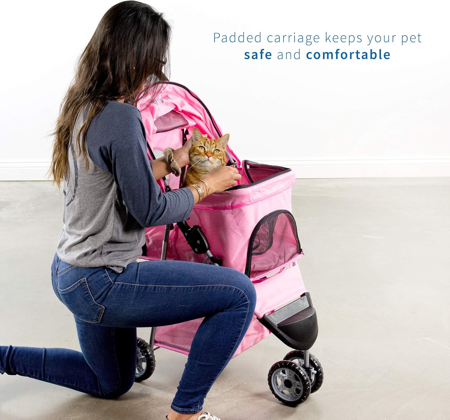 VIVO Pink 3 Wheel Pet Stroller for Cat, Dog and More, Foldable Carrier Strolling Cart, STROLR-V003N : Pet Supplies