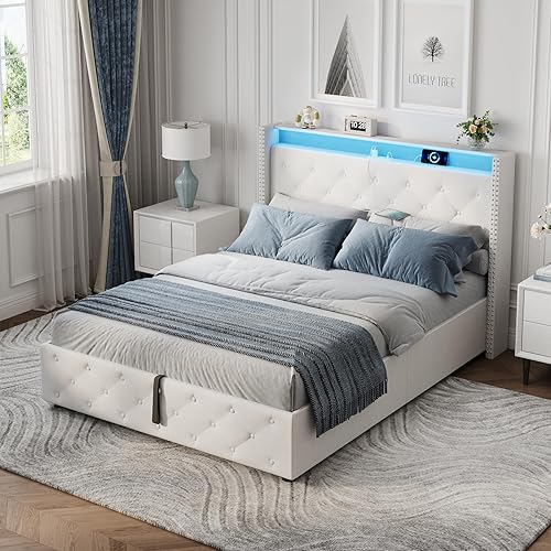 Miniatura 9 de Vabches Base de cama de tamaño matrimonial con cabecera LED y almacenamiento elevador, plataforma tapizada de terciopelo con luz LED y estación de