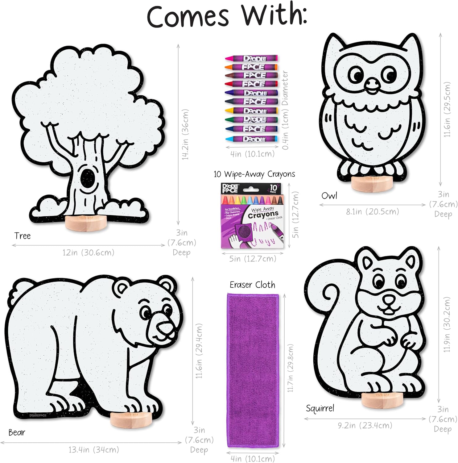 Woodland Animal Companion Toy Set for Kids: Color, Play, Wipe Away with Crayons and Eraser. Educational Reusable Coloring Toy with Bear, Owl, Squirrel, Tree.
