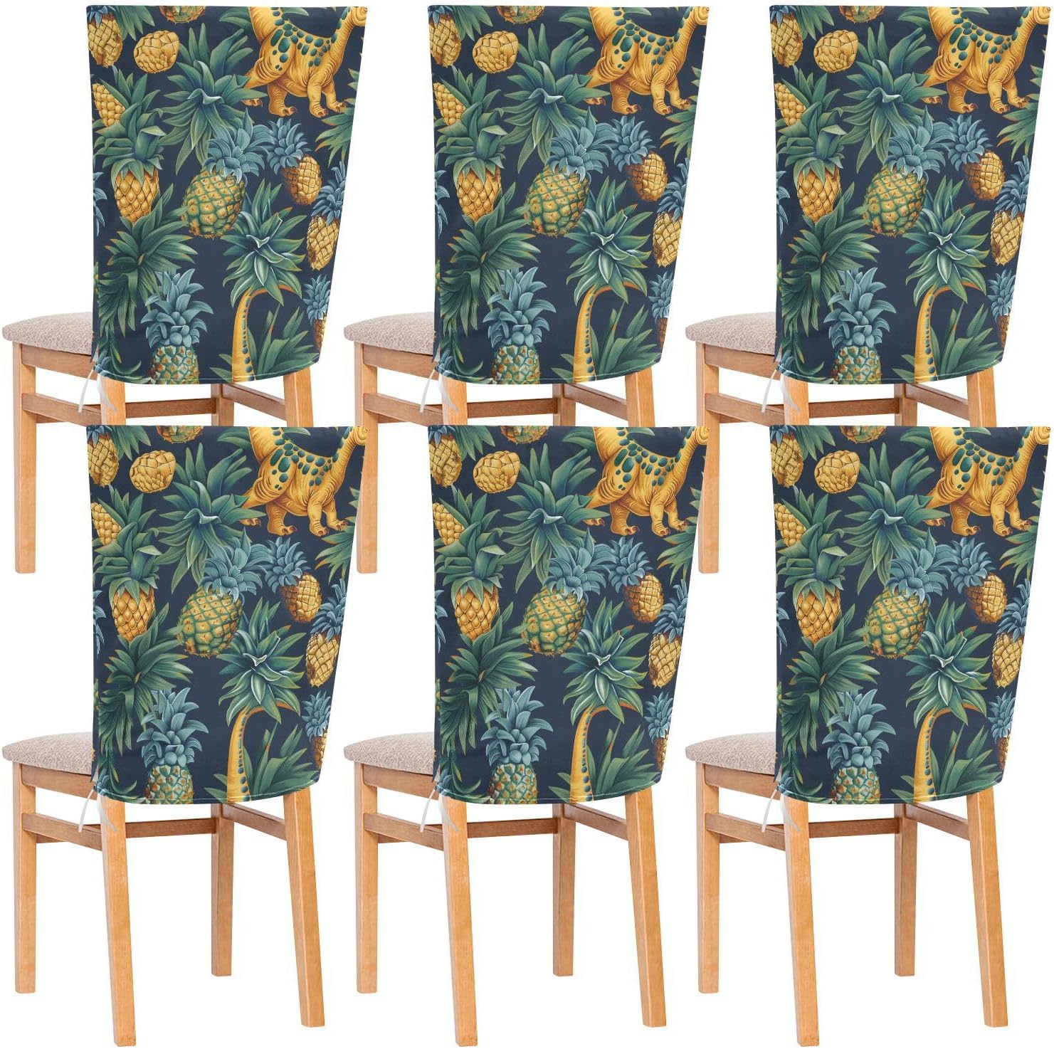 ALAZA Dinosaur and Pineapples Chair Back Cover Set of 6, Washable Reusable Removable Chair Slipcovers Decorative Chair Cover for Home Kitchen Wedding Party