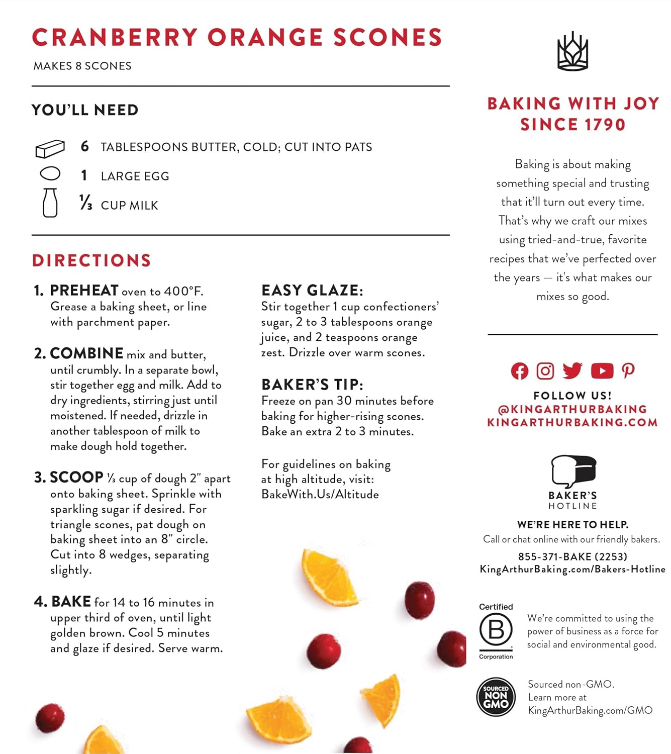 King Arthur, Cranberry Orange Scone Mix, Signature Recipes, Non-GMO Project Verified, Certified Kosher, 14 Ounces