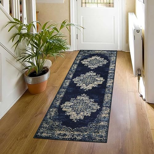 Lanffia Alfombra bohemia de 2 x 6 pies, lavable para pasillos, estilo vintage, envejecida, antideslizante, no desprende pelusa, alfombra de piso de