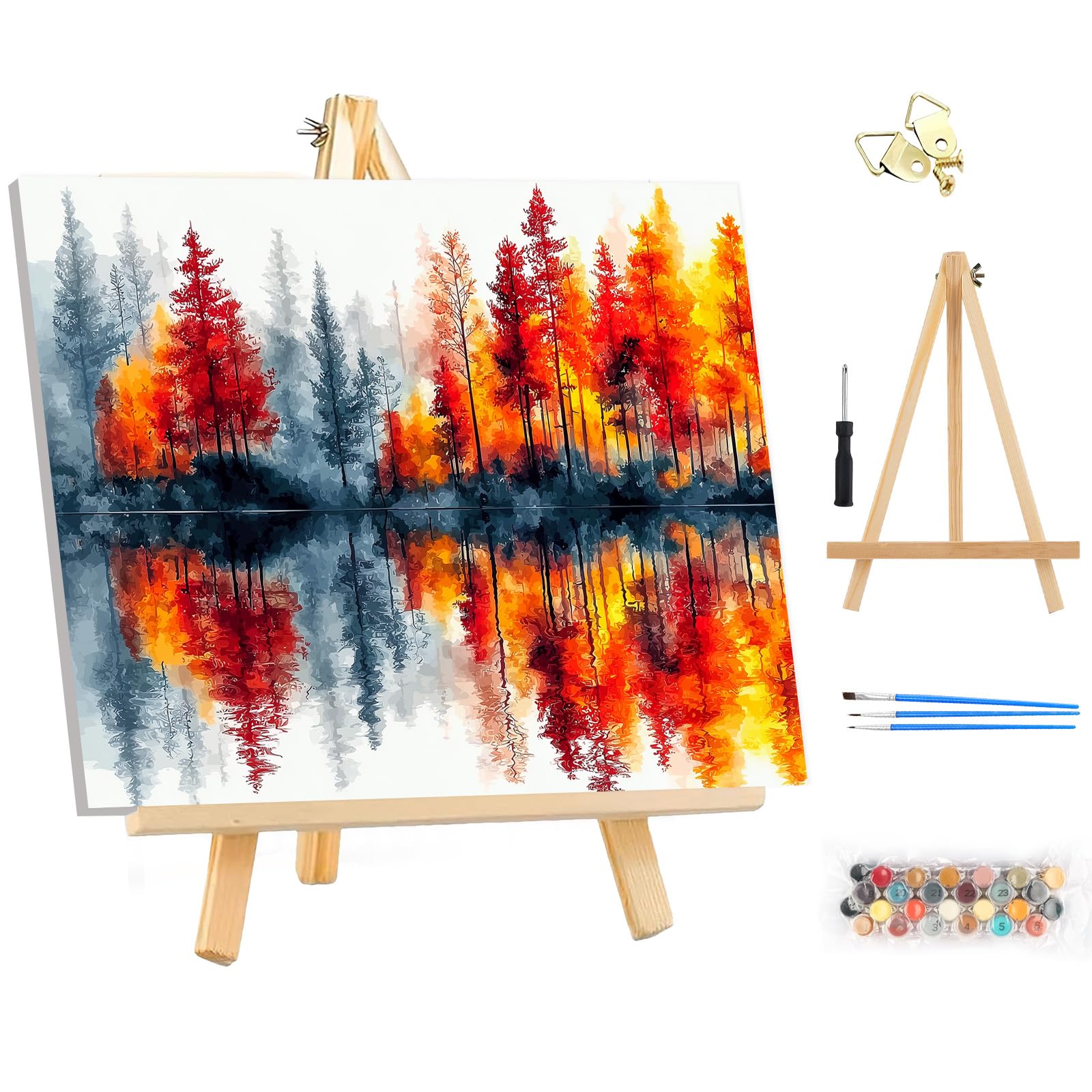 MEIYUDA Paint by Numbers Kits for Adult with Frame & Wooden Easel, Landscape Tree DIY Canvas Oil Painting Kit for Adult or Beginner, Arts and Crafts Kit for Home Wall Decor 35x25cm