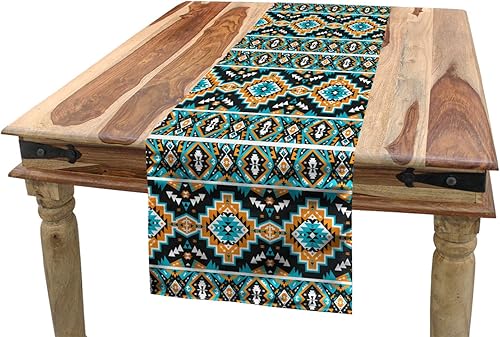 Ambesonne Camino de mesa étnico, motivos indígenas inspirados en la cultura mexicana, bordes tradicionales, camino rectangular para comedor y