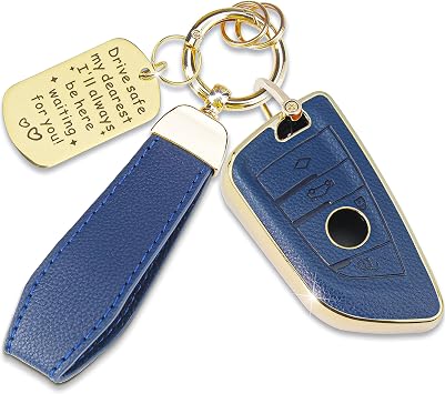 Soft TPU & Leather Key Fob Cover Compatible with BMW X1 X2 X3 X4 X5 X6,2 4 5 6 7,M2 M3 M4 M5 M8,840i 430i, with Keychain & Metal Blessing Tag 4 Button Blue
