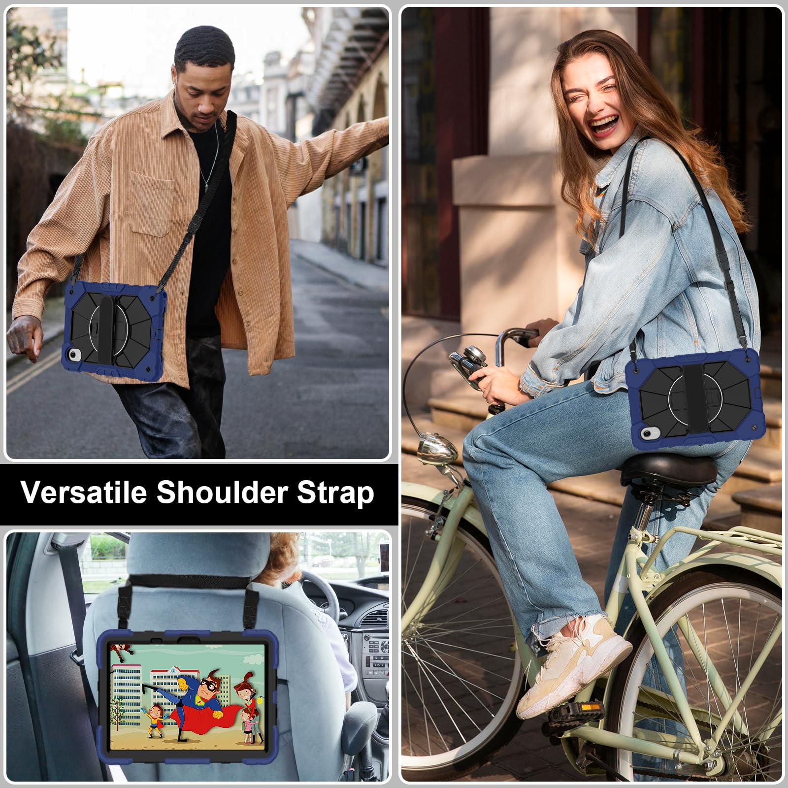 Etui kompatybilne z Motorola Moto Pad 60 Neo/Moto Pad 11 2026, etui na tablet, odporne na wstrząsy, etui ochronne, wytrzymały pokrowiec z TPU, z podpórką i paskiem na ramię (granatowy + czarny)