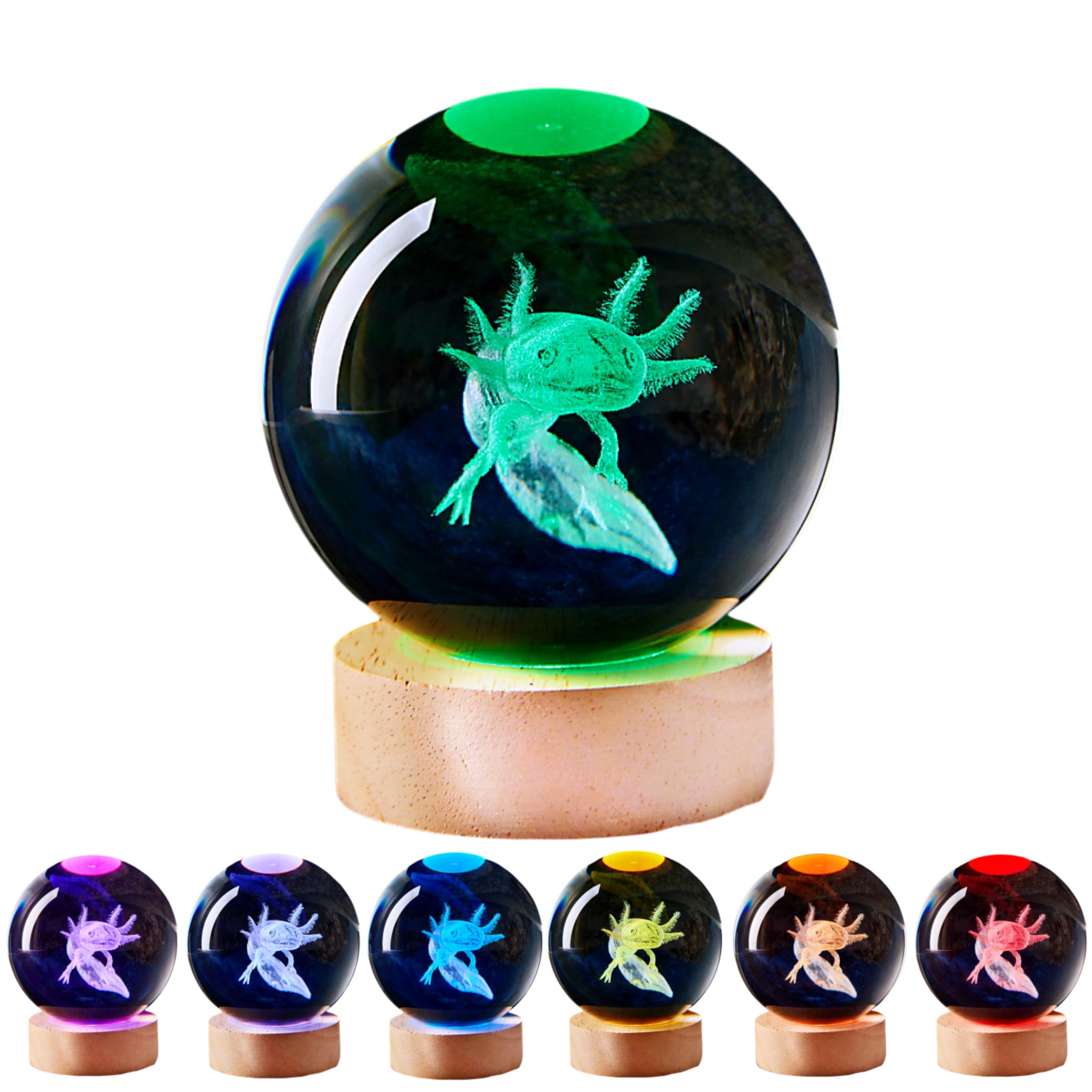 3D Large Axolotl Crystal Ball Night Light with Wooden Base, Crystal Lamp Gift for Kids Wife Friends, 16 Color Changing with Remote Control, Laser Engraved 3.15 inch Glass Ball Lamp (Axolotl) — image 1