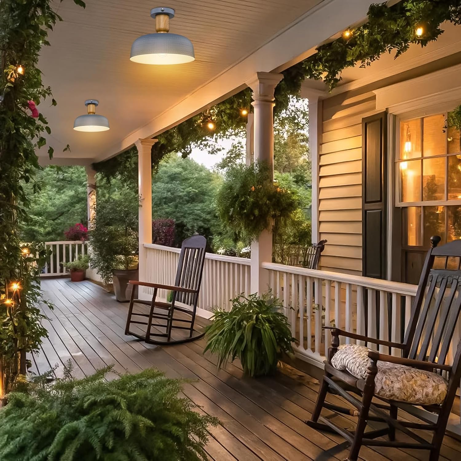 Darkaway Dusk to Dawn Industrial Semi Ceiling Light Fixtures, Flush Mount Indoor Outdoor Ceiling Light with Blue Hammered Metal Shade Outdoor Porch Foyer Entryway