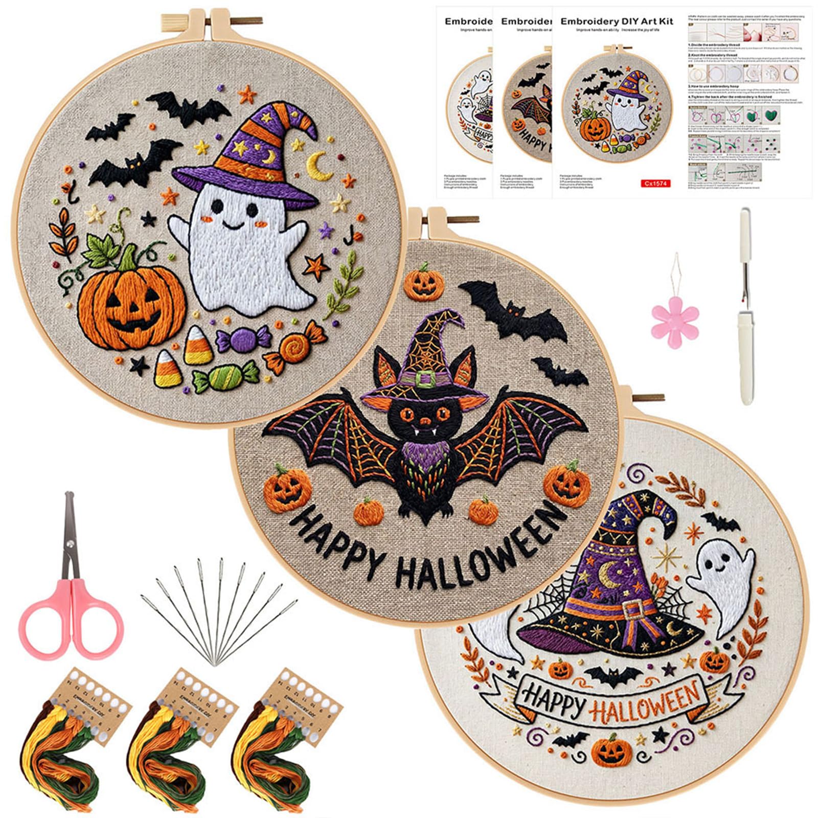 POETRYDRAW 3Pcs Witch Ghost DIY Cotton Embroidery Kit with Embroidery Hoop Pre-Printed Pattern Needlework 29x29cm Starter Hand Stitch Kits for Beginners Adults (Witch Ghost)