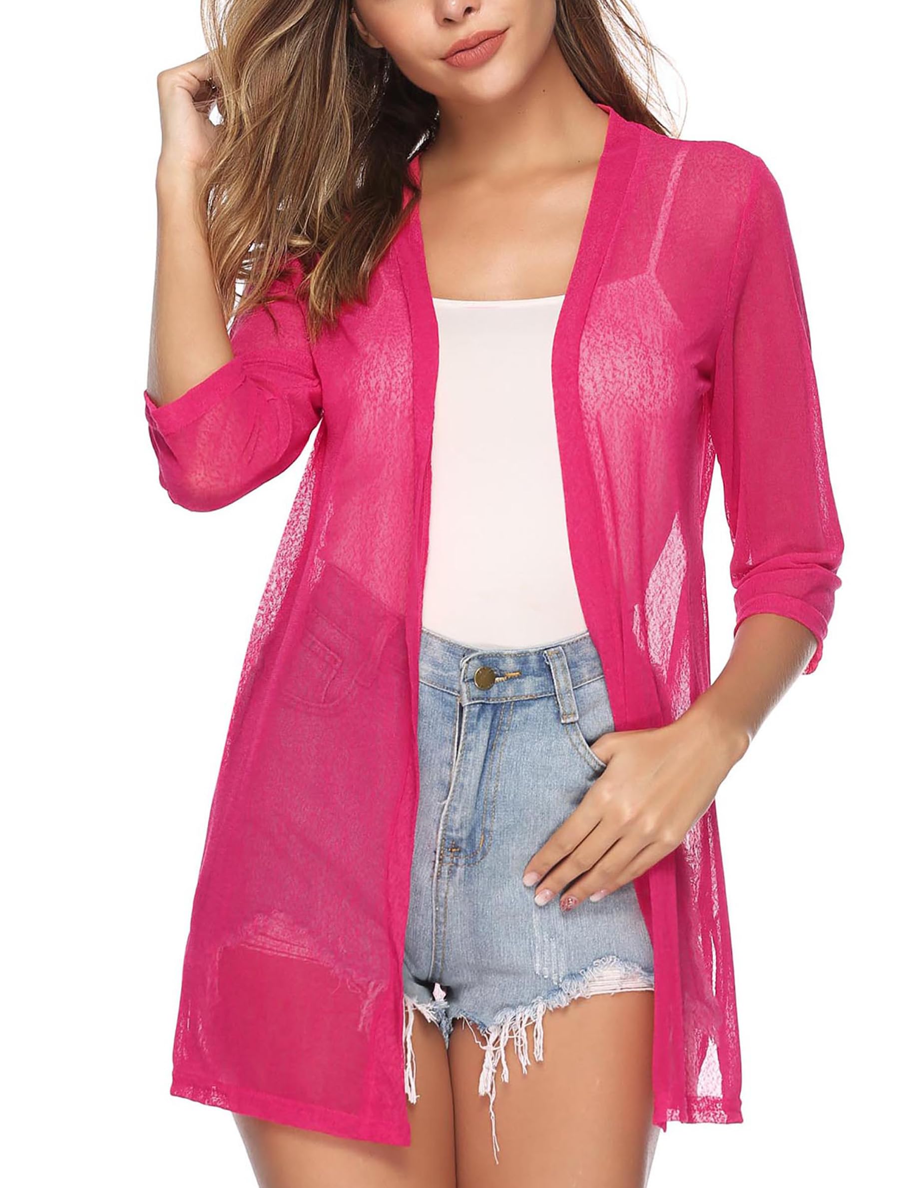 iClosam Cardigan Long Femme Ete Boléro Élégant et Chic Gilet Mousseline en Tricot Manches 3/4 Gilets Veste Casual pour Robe Bretelle Plage