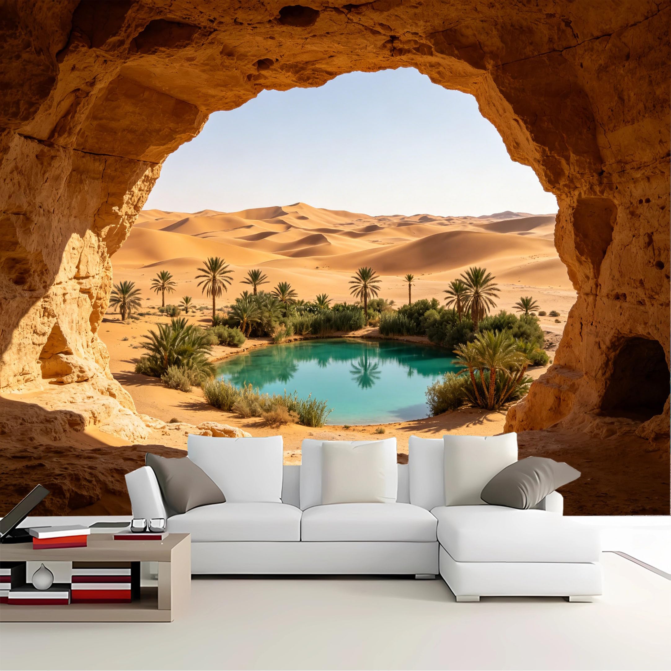 Custom Size Wall Mural Cave View Desert Oasis Removable Self Adhesive Peel and Stick Wallpaper for Bedroom Living Room Dining Room