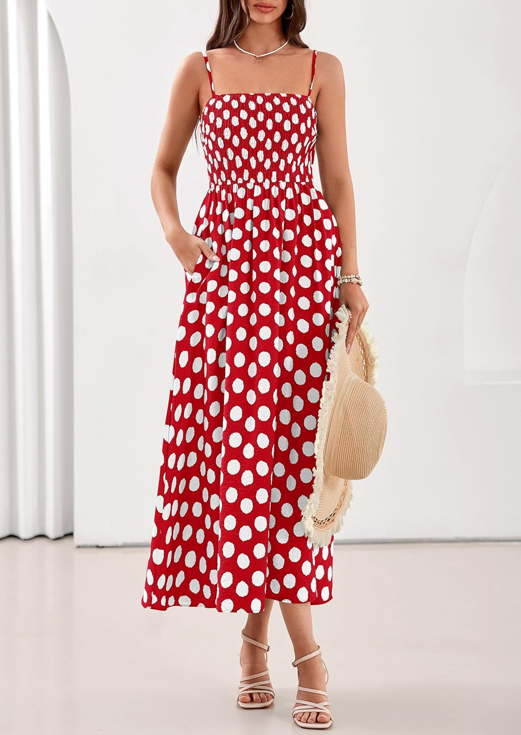 PRETTYGARDEN Womens Polka Dot Dress 2026 Summer Sleeveless Spaghetti Straps Smocked Sun Dress Flowy Spring Beach Midi Dresses - Image 3