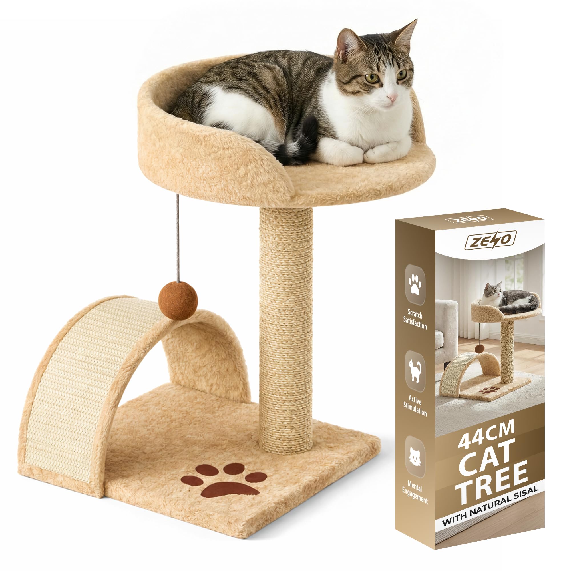 ZENO Cat Tree 44CM | Cat Scratch Post | Scratching Posts for Indoor Cats | Stable Climbing Tower With Scratching Bridge, Cosy Bed & Post for Playing | Beige — image 1