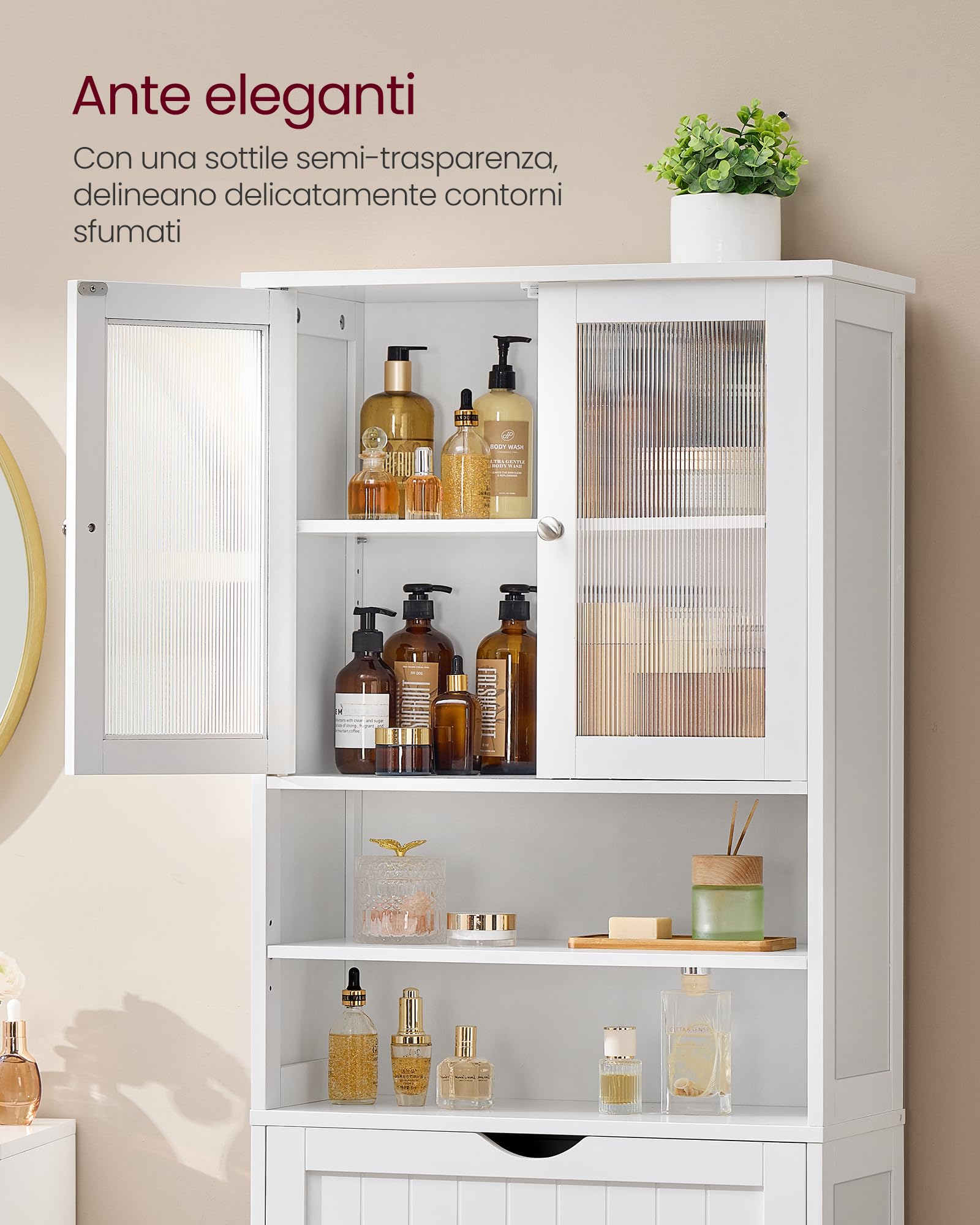 VASAGLE Mobiletto Contenitore, Armadietto da Bagno, con Ripiani Regolabili, Cassetto, Scomparti Aperti, per Bagno, Soggiorno, Sala da Pranzo, Bianco Nuvola BBC768W01