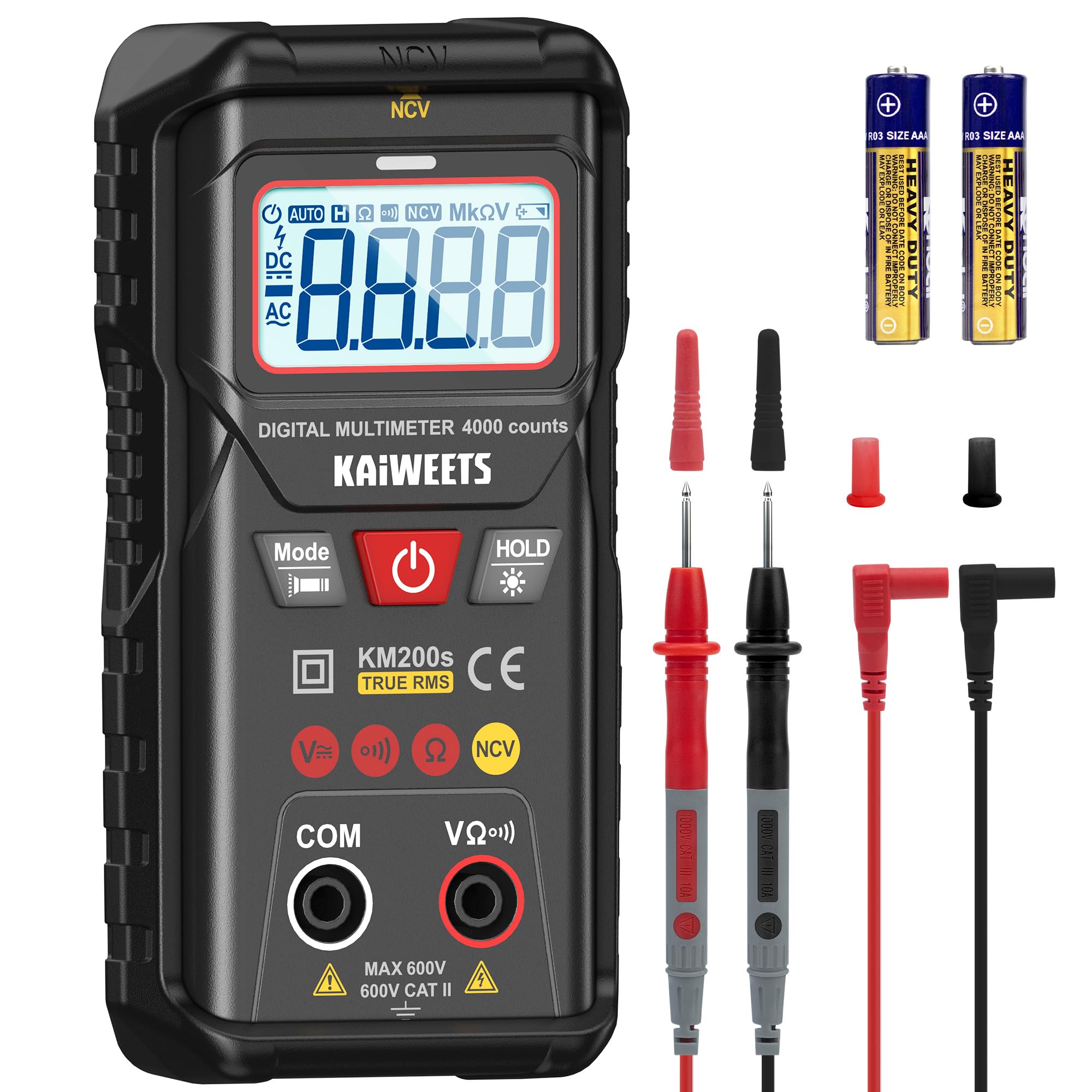 KAIWEETS Multimeter Digitales True RMS, 4000 Counts, Berührungsloser Spannungsprüfer, Auto-Ranging, Intelligentes Voltmeter Messgerät für AC/DC Spannung, Widerstand, Durchgangsprüfer Schwarz - KM200s