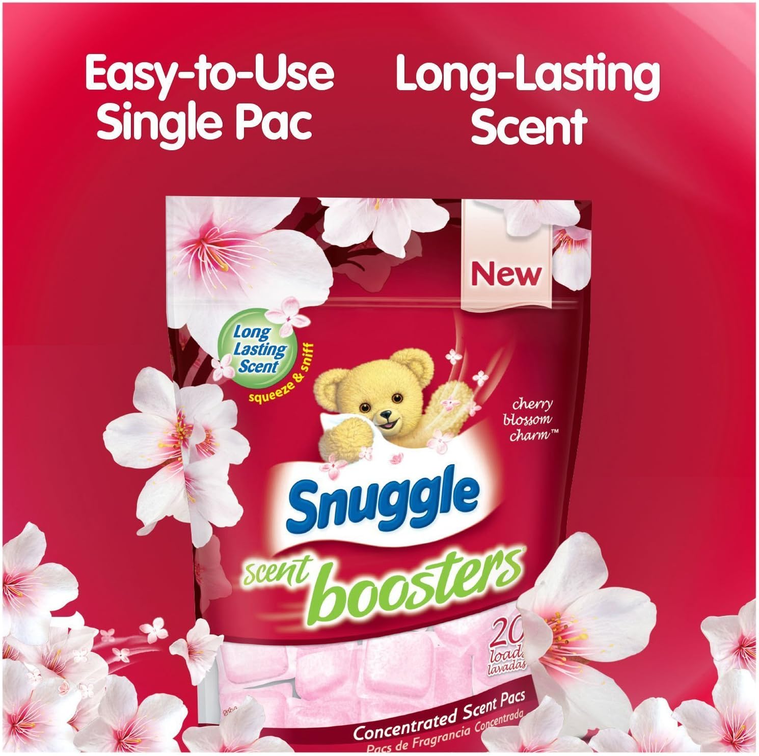 Snuggle Laundry Scent Boosters Concentrated Scent Pacs, Cherry Blossom Charm, Pouch, 20 Count