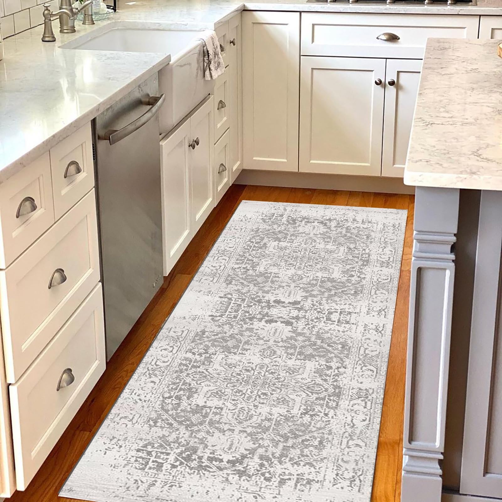 Teppich Läufer 90x400cm rutschfest Küchen Teppich, Waschbar Polyester Boho Flur Küchenläufer für Korridor, Modern Vintage Kücheläufer Teppichläufer für Wohnzimmer, Küche, Anpassbar