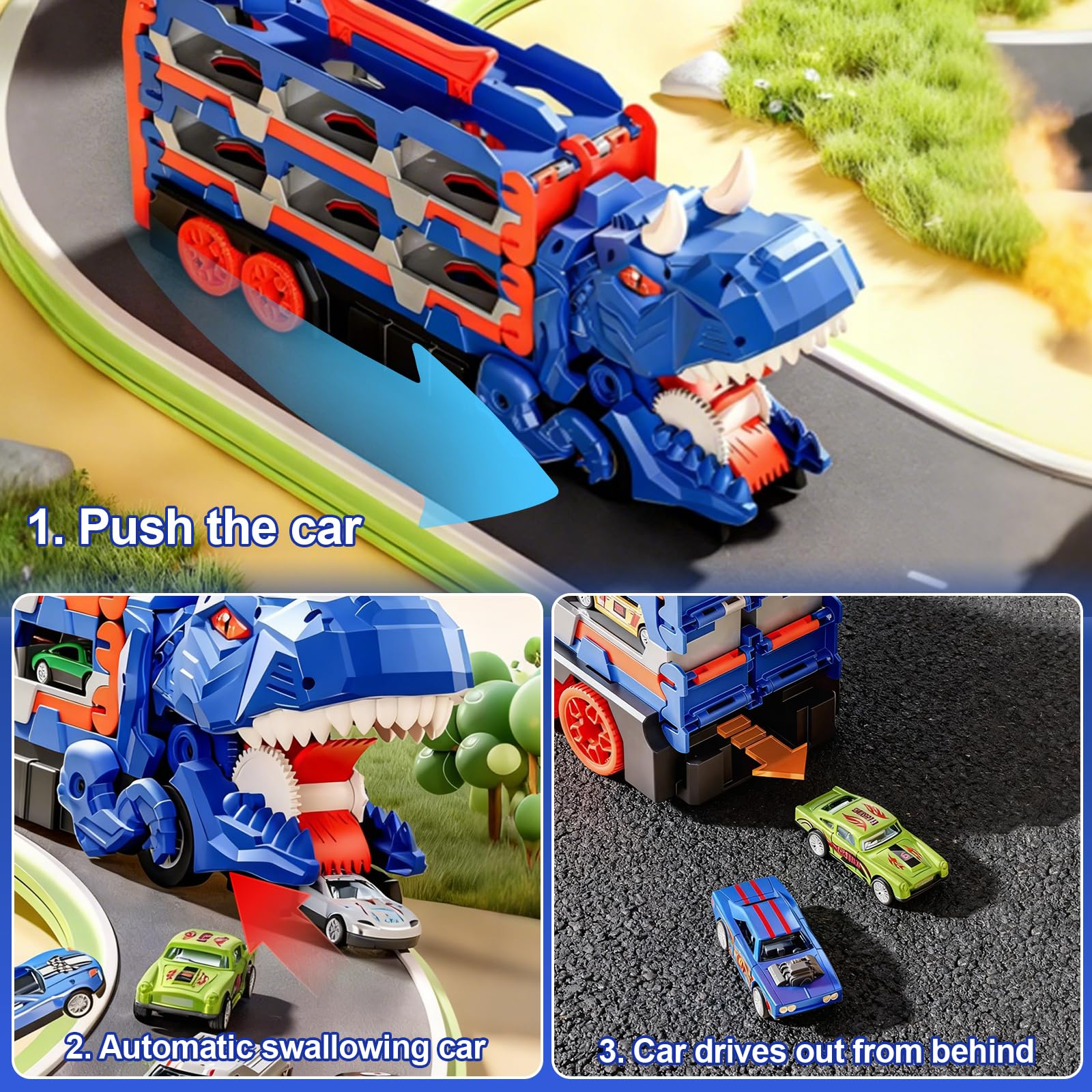 Camion Trasporto Dinosauri, Transporter Truck Macchinine Giocattoli con 12 Auto da Corsa e Pista Pieghevole Camion Trasportatore di Dinosauri Giocattolo Regalo per Ragazzi dai 2 3 4 5 6 7 Anni