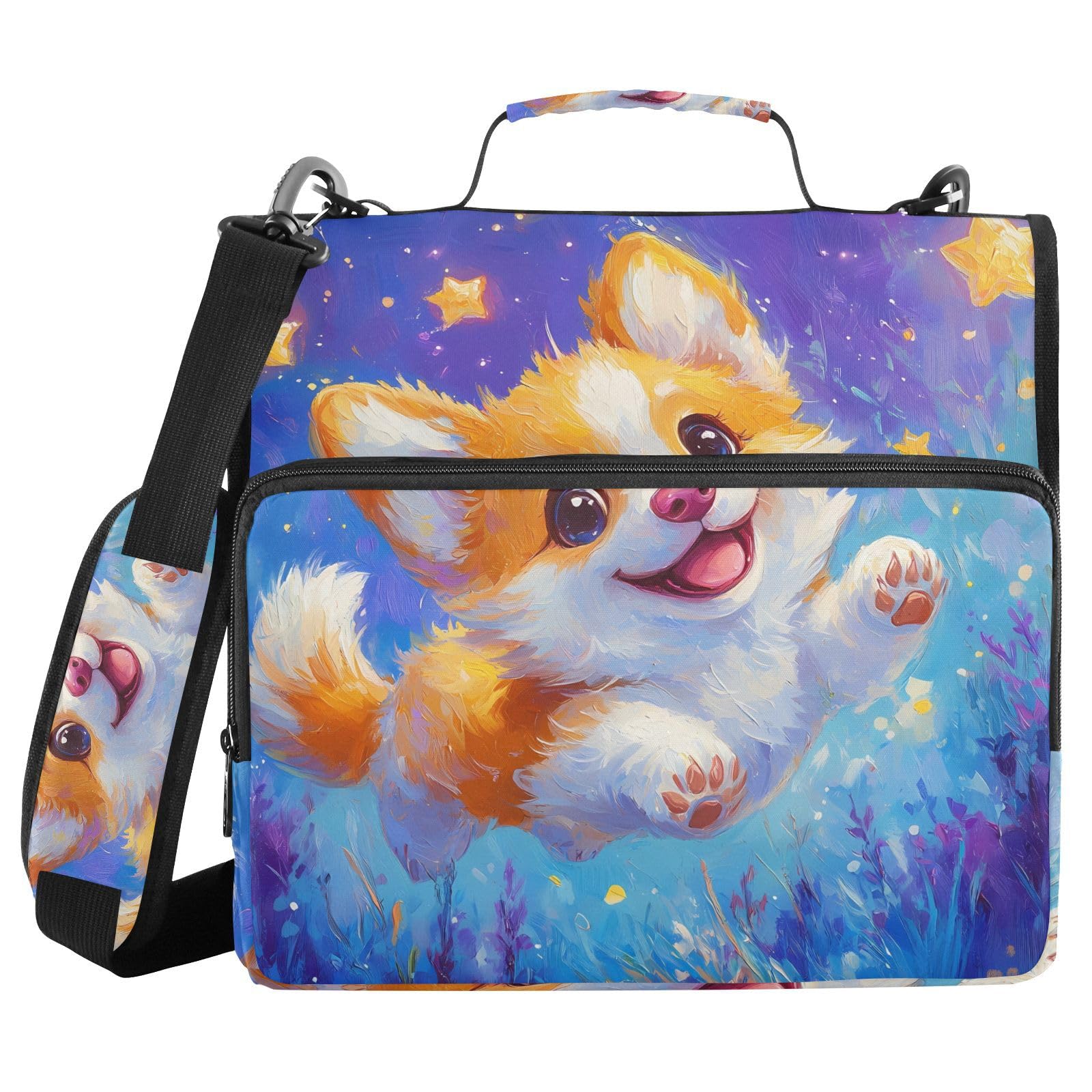 Corgi Dog Star Cartoon Zipper Binder Bag 3 Ring Binder with Shoulder Strap Zip Up 500 Sheets Capacity Multi Pockets for School Office Supplies