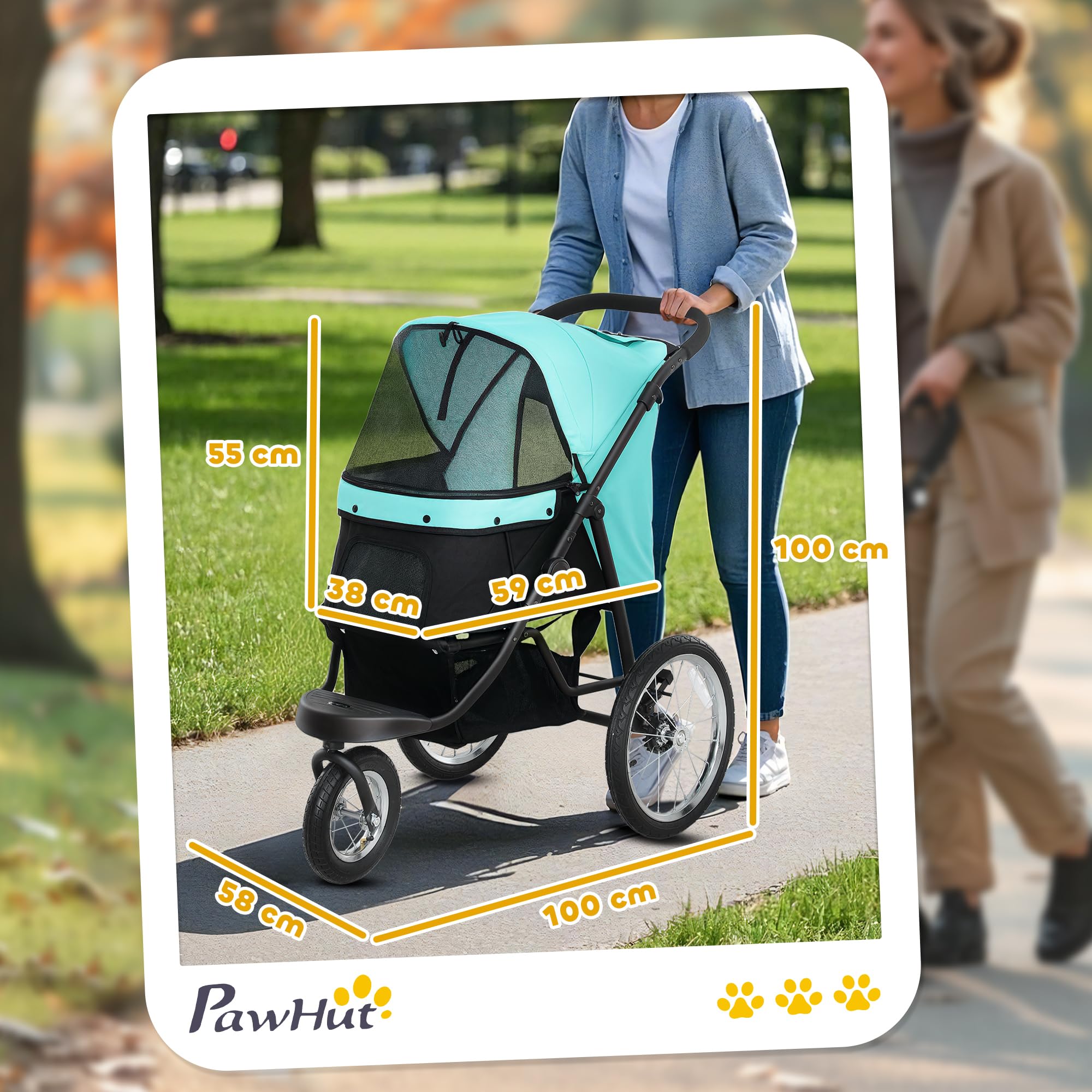 PawHut Carrito para perros y gatos, plegable, para perros pequeños y gatos de hasta 10 kg, con 3 ruedas de goma grandes, cojín para ventanas de red, cesta de almacenamiento con correa de seguridad
