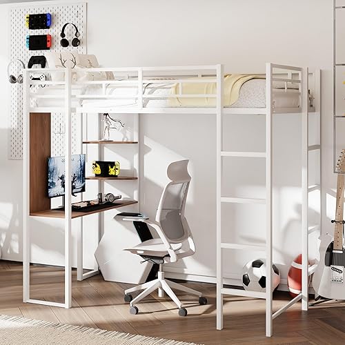 Merax Cama tipo loft de metal individual con 2 estantes y un escritorio, marco de cama tipo loft con 2 escaleras integradas, barandilla de seguridad