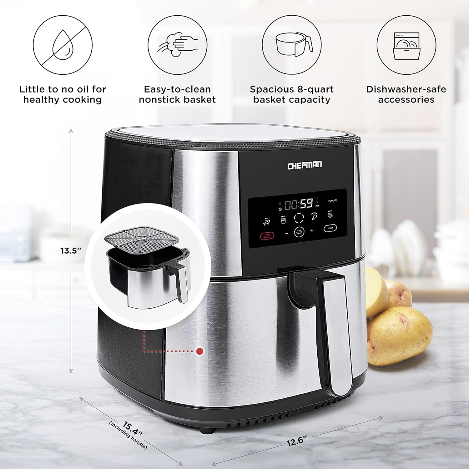 CHEFMAN Large Air Fryer Max XL 8 Qt, Healthy Cooking, User Friendly, Nonstick Stainless Steel, Digital Touch Screen with 4 Cooking Functions, BPA-Free, Dishwasher Safe Basket, Preheat & Shake Reminder : Everything Else