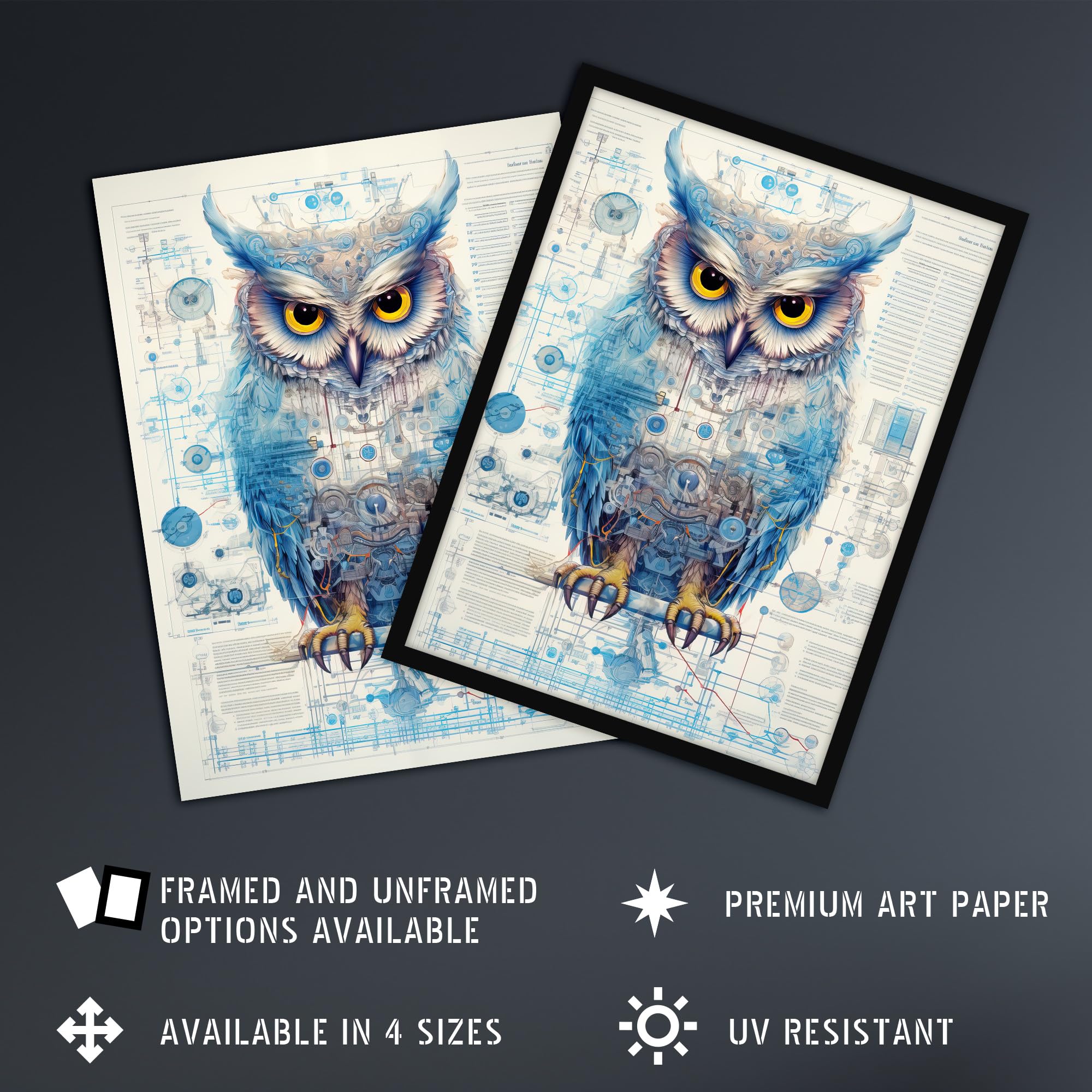 Artery8 Owl Robot Hybrid Secret Military Schematic Blueprint Futuristic Complex Arcane Manuscript Gift For Him Man Cave Extra Large XL Wall Art Poster Print - Image 2