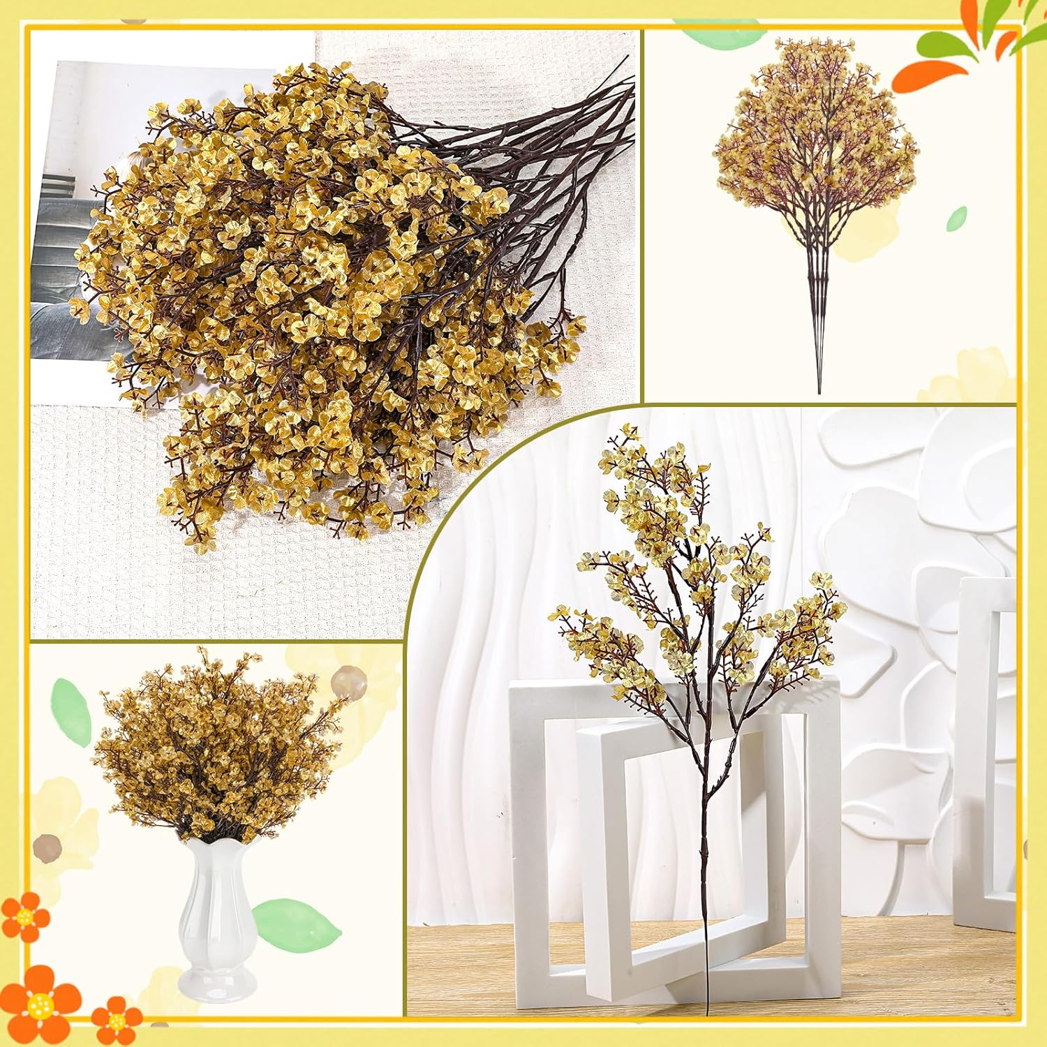 Pack of 21 Gypsophila Artificial Gypsophila Flowers, Autumn Christmas Decoration for Wedding Centrepieces, Thanksgiving, Halloween, Home Table Decoration (Gold)