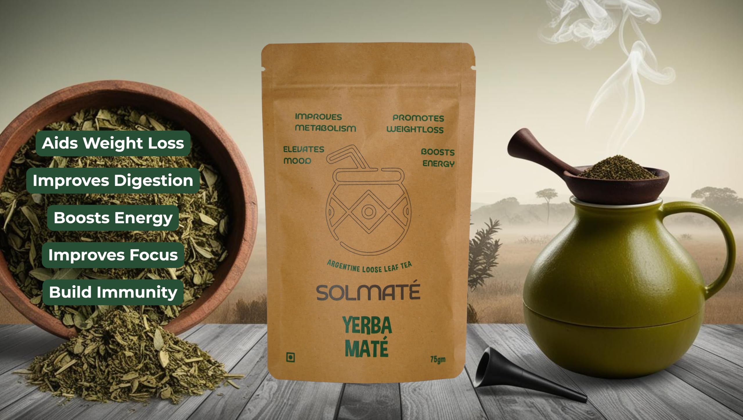 SOLMATÉ Yerba Maté| Clean Energy & Detox Support | Crash-Free Caffeine | Unsmoked, only Leaf | No Dust or Powder | Imported from Argentina | Fat Loss & Focus