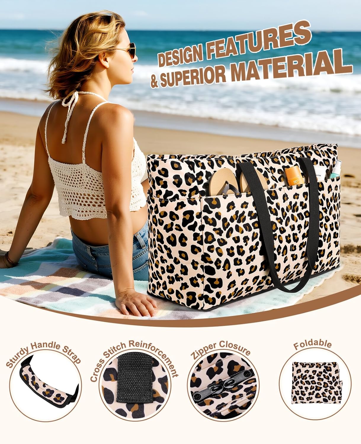 Beach Bag with Cooler, 49L Large Waterproof Sandproof Tote with Zipper, Foldable Travel Bag for Beach, Pool, Picnic - Image 7
