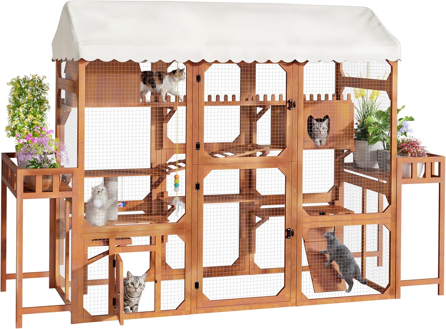 Outdoor Cat House with Plant Stands, Large Wooden Cat Enclosure for Multiple Cats, Weather-Resistant Outdoor Cat Playpen with Climbing Ramps & Sunshade Roof, 9ft x 3ft Backyard Cat Run, Brown