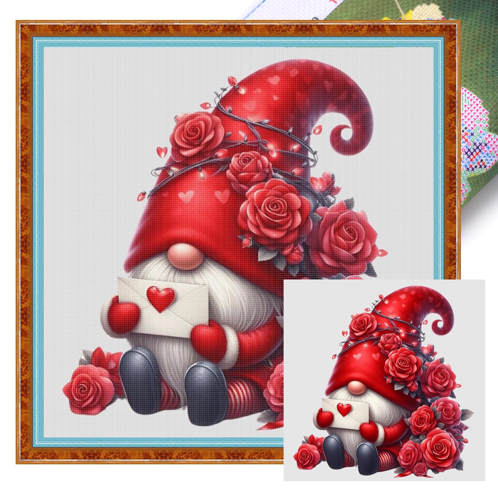 Love Letter Gnome Stamped Cross Stitch Kit 18CT Aida 20x20cm, Red Rose Valentine Gnome Full Coverage Stamped Embroidery Kit for Adults Beginners, Small Romantic Needlepoint Heart Decor Gift