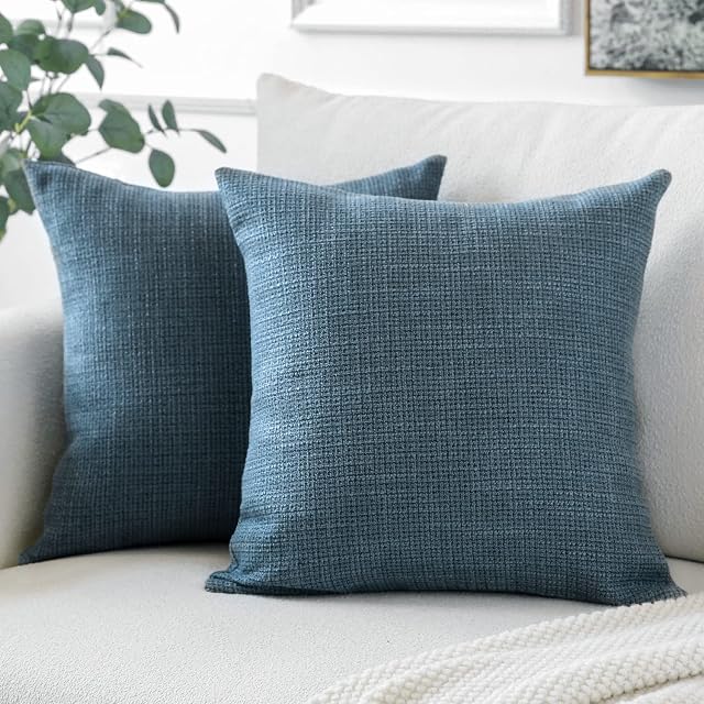 Linen Cushion Covers Set of 2 Square Decorative Throw Pillow Covers with Invisible Zipper for Sofa Couch Car Bedroom Living Room Home Decor (18"x18", Navy Blue)