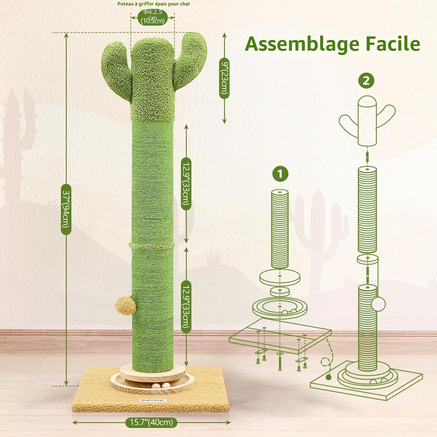 Globlazer Poteau Griffoir Chat Cactus Vert XXL Haut 94 cm avec Boule de Suivi en Bois Griffoirs Sisal Peluche Balles Chats Jouets, Stable Griffoir Poteau pour Grand Chat Jouer Gratter (SC37, Vert)