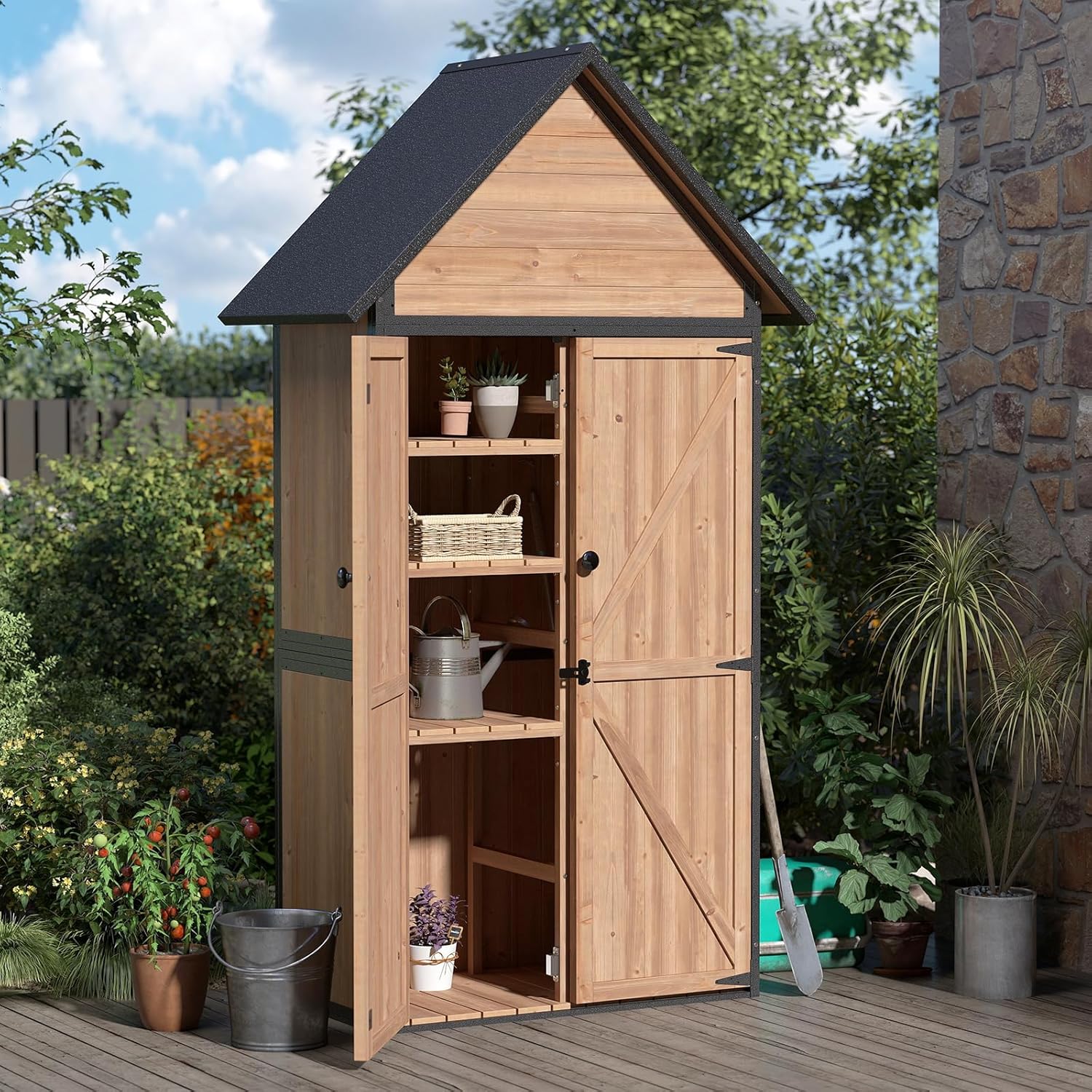 Outdoor Storage Cabinet Waterproof, Storage Shed with Sturdy Iron Frame & Anti-Corrosion Wood, Louvered Door Lockable Cabinet for Patio Garden Backyard, 63" H