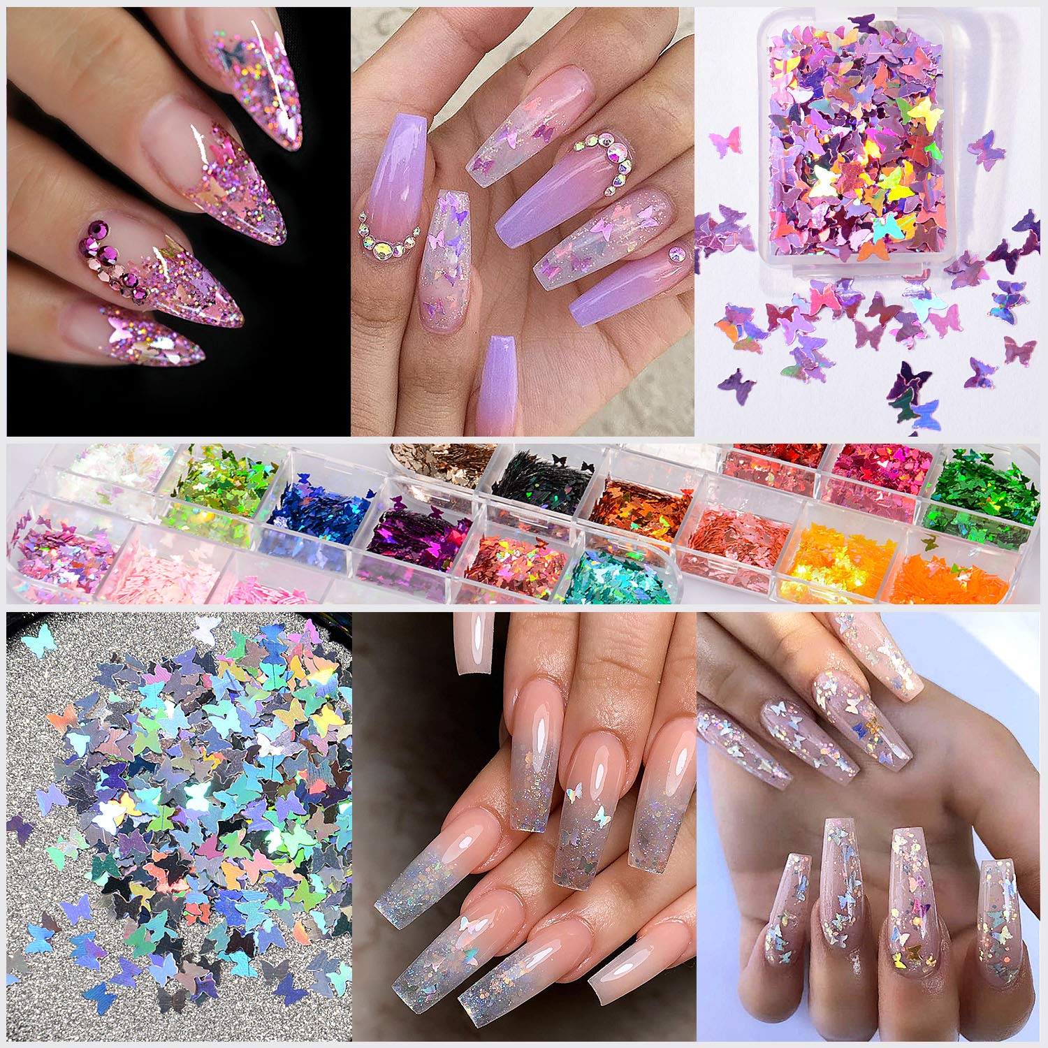 Warmfits 3D Holographic Butterfly Nail Glitter 24 Colors/Set Splarkly Nail Sequins Flake Acrylic Manicure Paillettes Ultrathin Face Body Glitters for Nail Art Decoration & DIY Crafting (Pattern A) : Beauty & Personal Care
