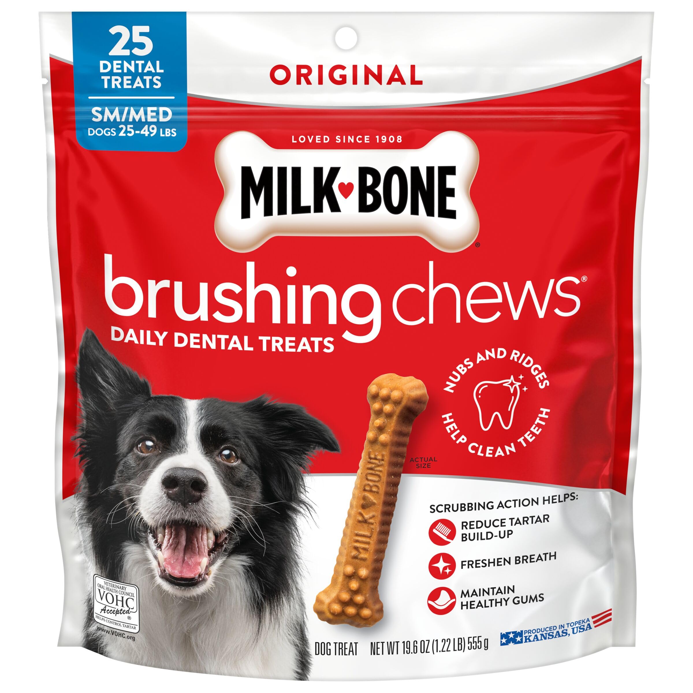 Original Brushing Chews, 25 Small/Medium Daily Dental Dog Treats Scrubbing Action Helps Clean Teeth