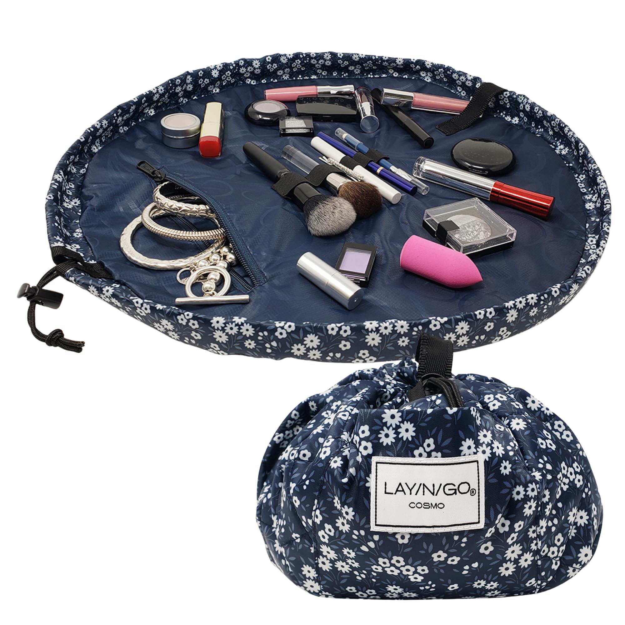 Lay-n-Go Cosmo Drawstring Cosmetic & Makeup Bag Organizer - Portable Drawstring Makeup Bag w/Zipper Pocket, Makeup Loops & More - Durable, Machine Washable Toiletry Sack (20", Navy Floral)