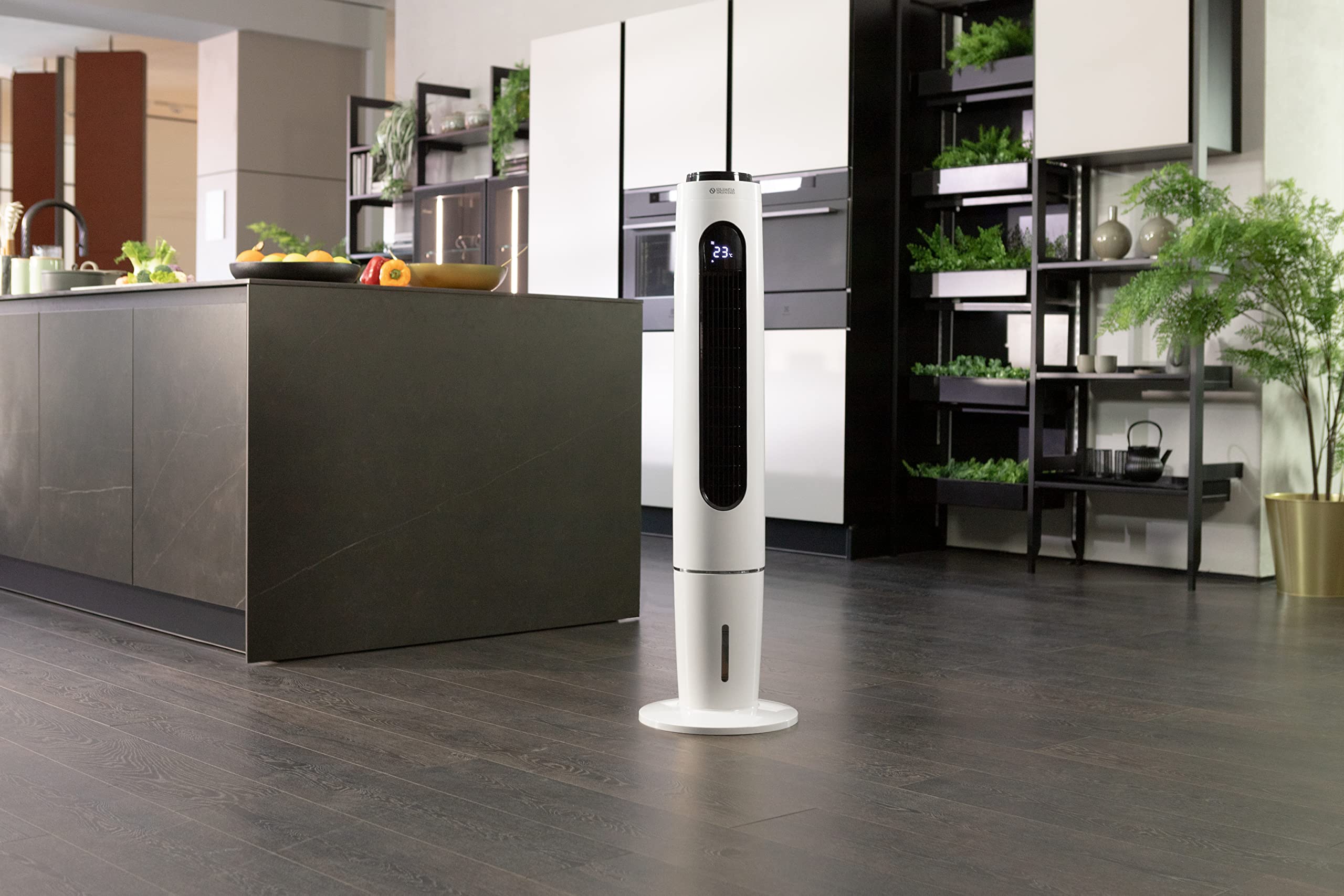 Olimpia Splendid 99312 Peler Tower Ventilador Enfriador Ionizador de torre con base oscilante, temporizador y bidón de 3.5 litros, 300 m3/h, 65 W