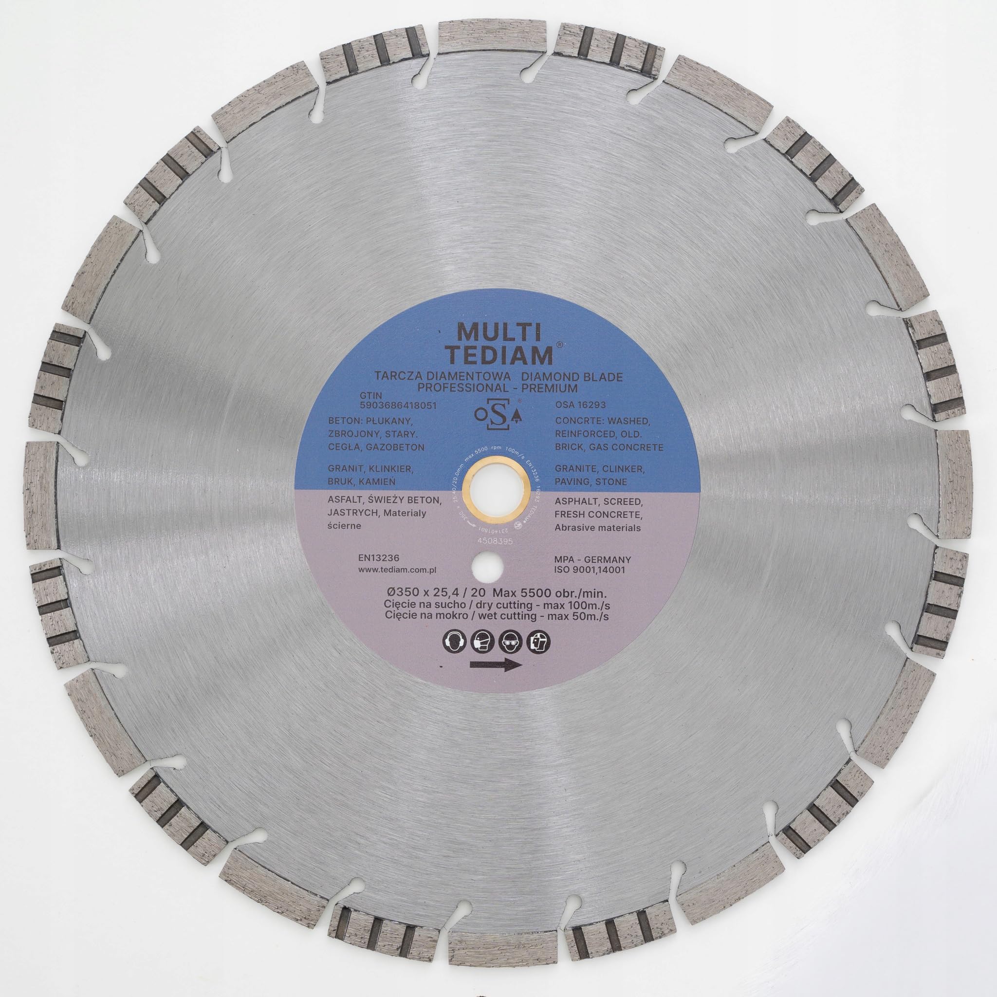 TEDIAM Disco de corte de diamante multi Premium, para hormigón/granito/asfalto, 350 x 25,4 mm, grosor 3,6 mm, altura del segmento de 12 mm, soldado con láser