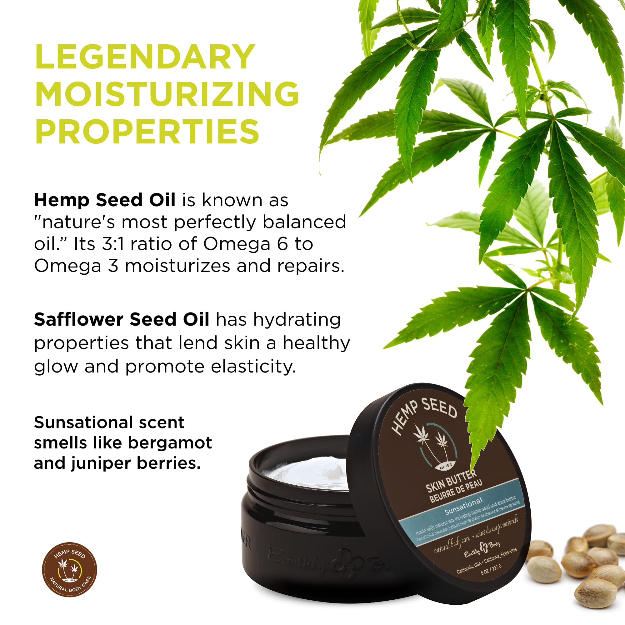 Hemp Seed Skin Butter, Sunsational - 8 oz. - Total Body Moisturizer - Hemp Seed Oil, Jojoba Oil, Shea Butter - Vegan & Cruelty Free