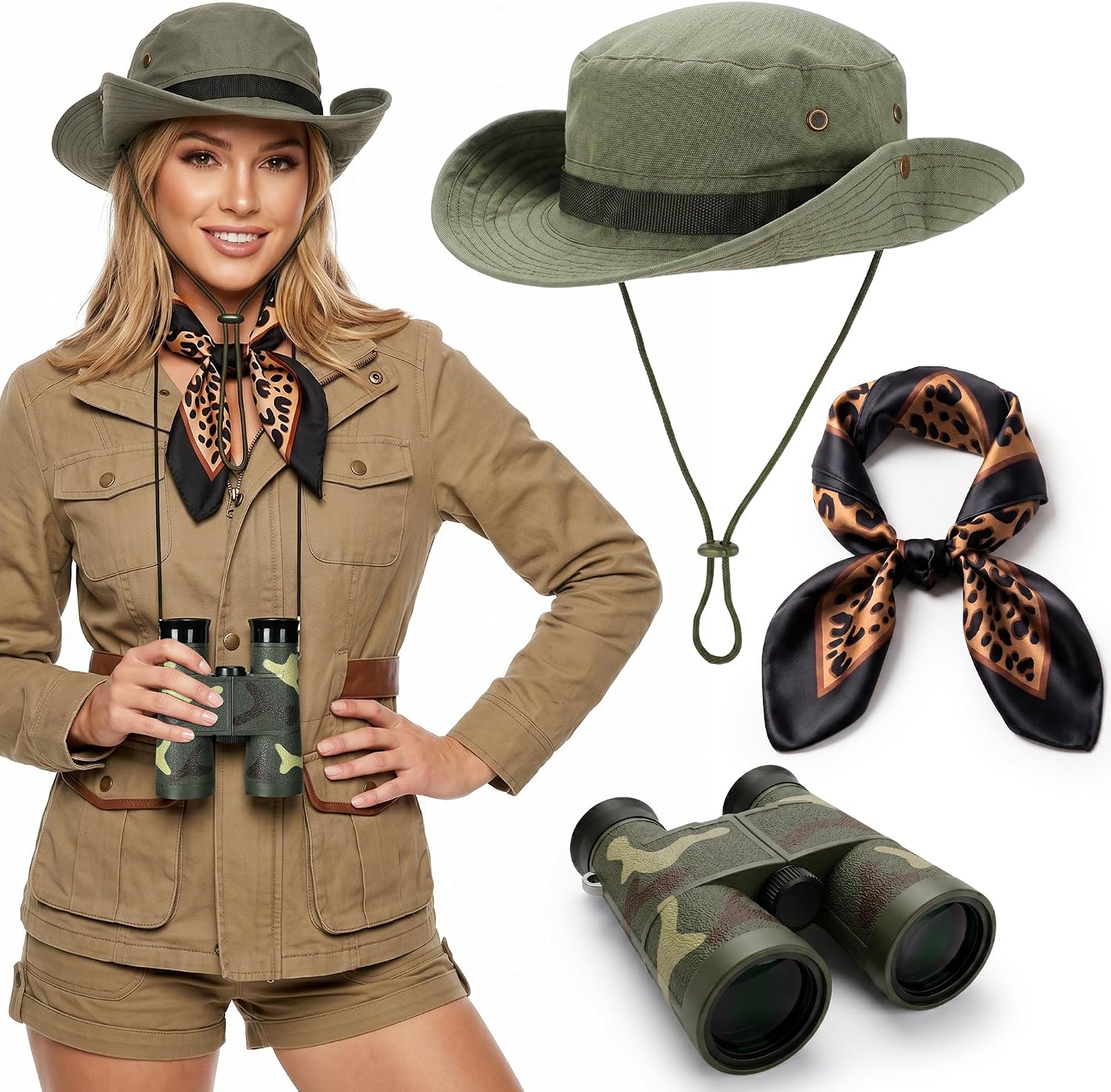 3 Pcs Safari Costume Women Safari Hat Binoculars Leopard Scarf Zoo Keeper Costume Adult Accessories Set for Halloween