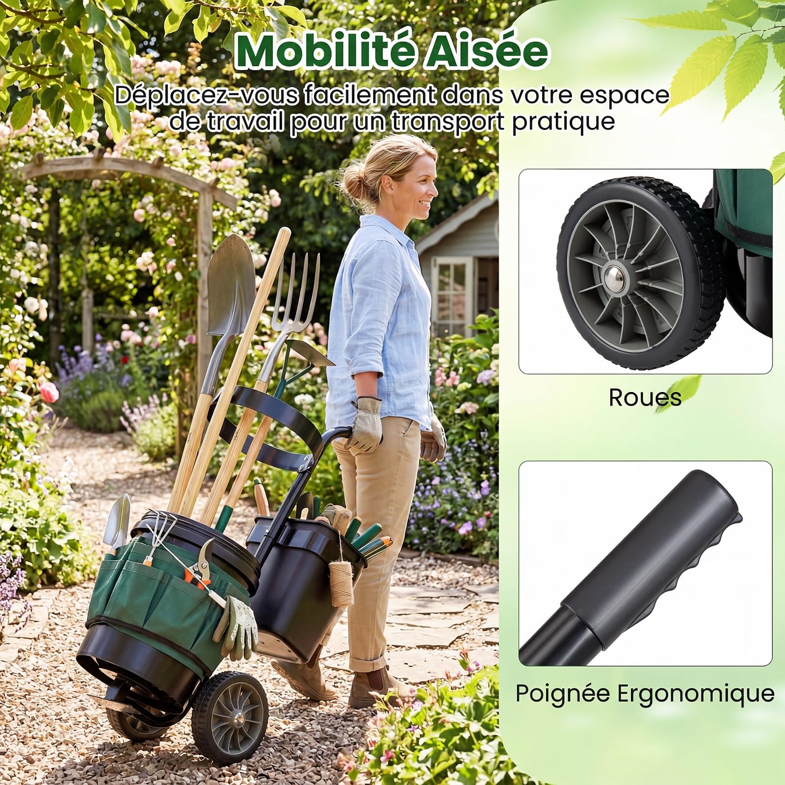 COSTWAY Chariot de Jardin à roulettes, Chariot d’Outils Mobile avec Seau 20L Bac 5L, Sac en Tissu Oxford Panier Rond, Organiseur de Transport pour Ranger Déchets Pelouse Outils Jardinage