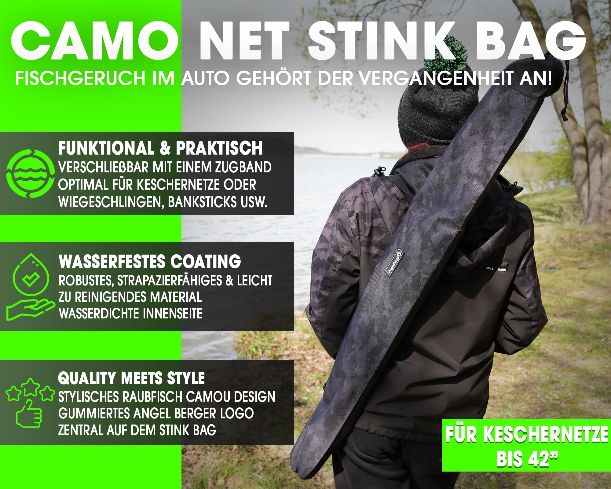 Angel-Berger Camo Net Bag Stink Bag Borsa per retino da pesca, Camou, Angel Berger