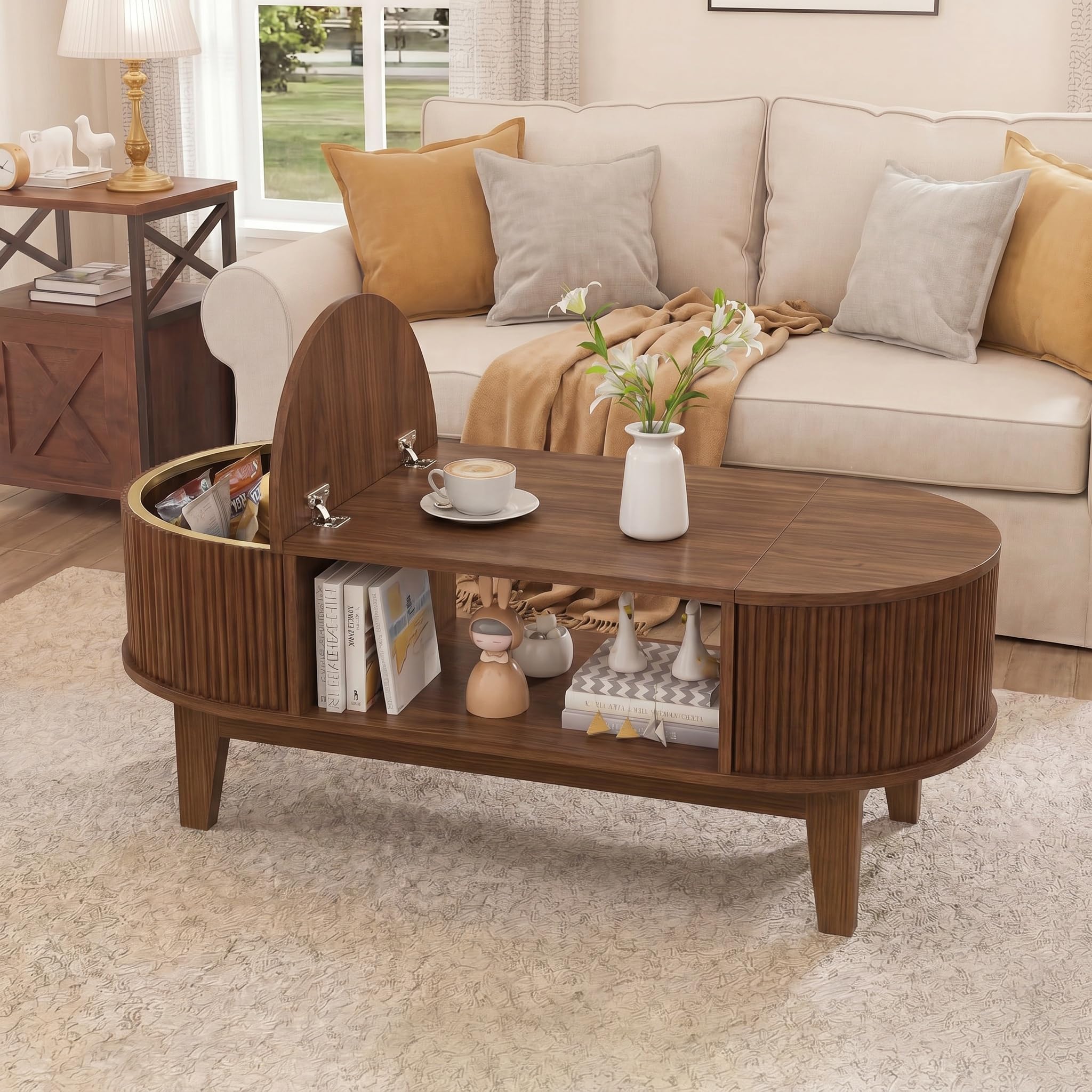 MEXUS Table Basse, Ovale Bois Table Basses, 2 Compartiment Rangement Caché Table Basses, Coffee Table Noyer, Applicable à Ranger Divers Objets, Servir D'espace Bureau Temporaire Décorer Salon