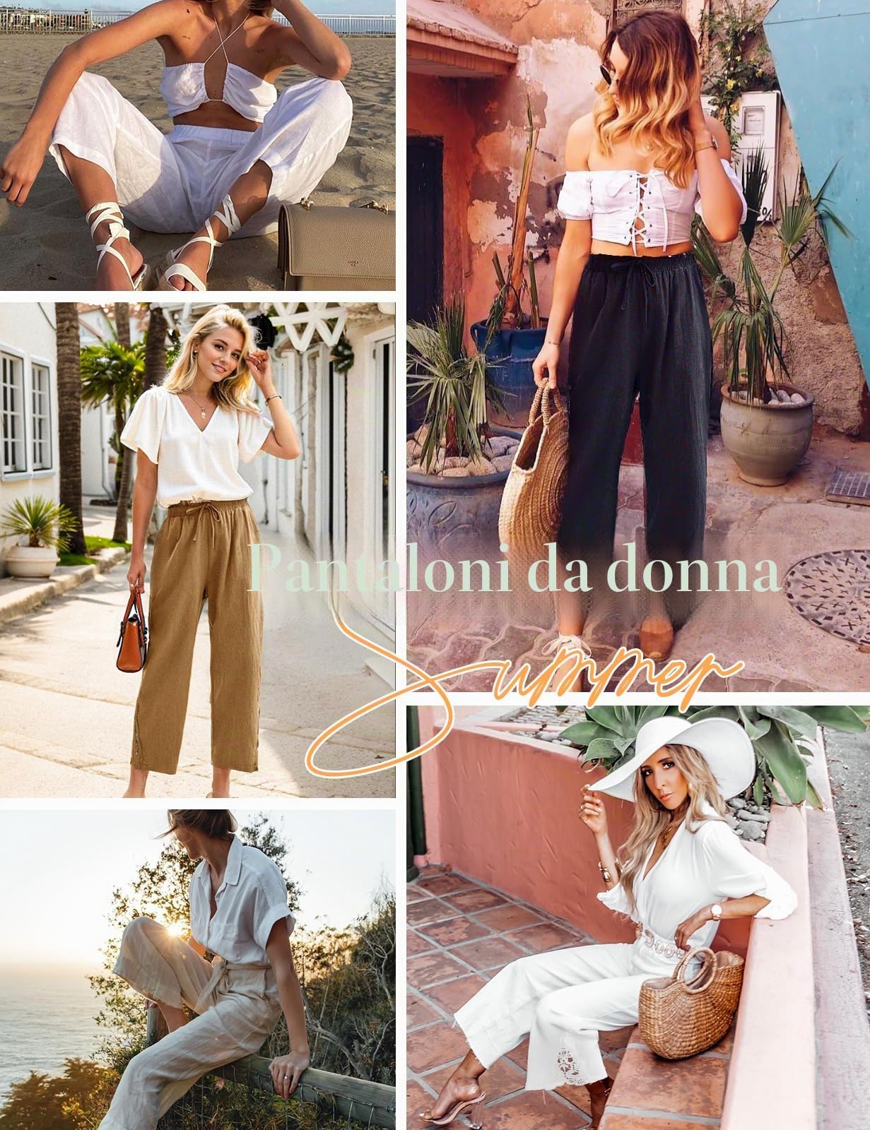 UMIPUBO Pantaloni Donna Estivi Cotone 7/8 Lunghezza Pantalone con Tasche Eleganti Larghi Elastica Vita Pants Comodi Casual Pantaloni da Spiaggia
