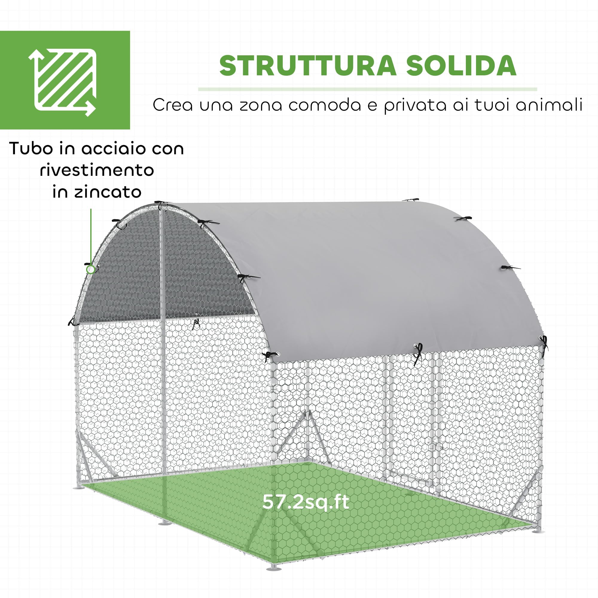 PawHut Pollaio per Galline da Esterno, 2.8x1.9x2m 5.3 m² Recinto Galline in Acciaio Zincato con Tetto Impermeabile Anti-UV e Serratura, Gabbia per 4-6 Polli, Piccoli Animali, Conigli e Anatre