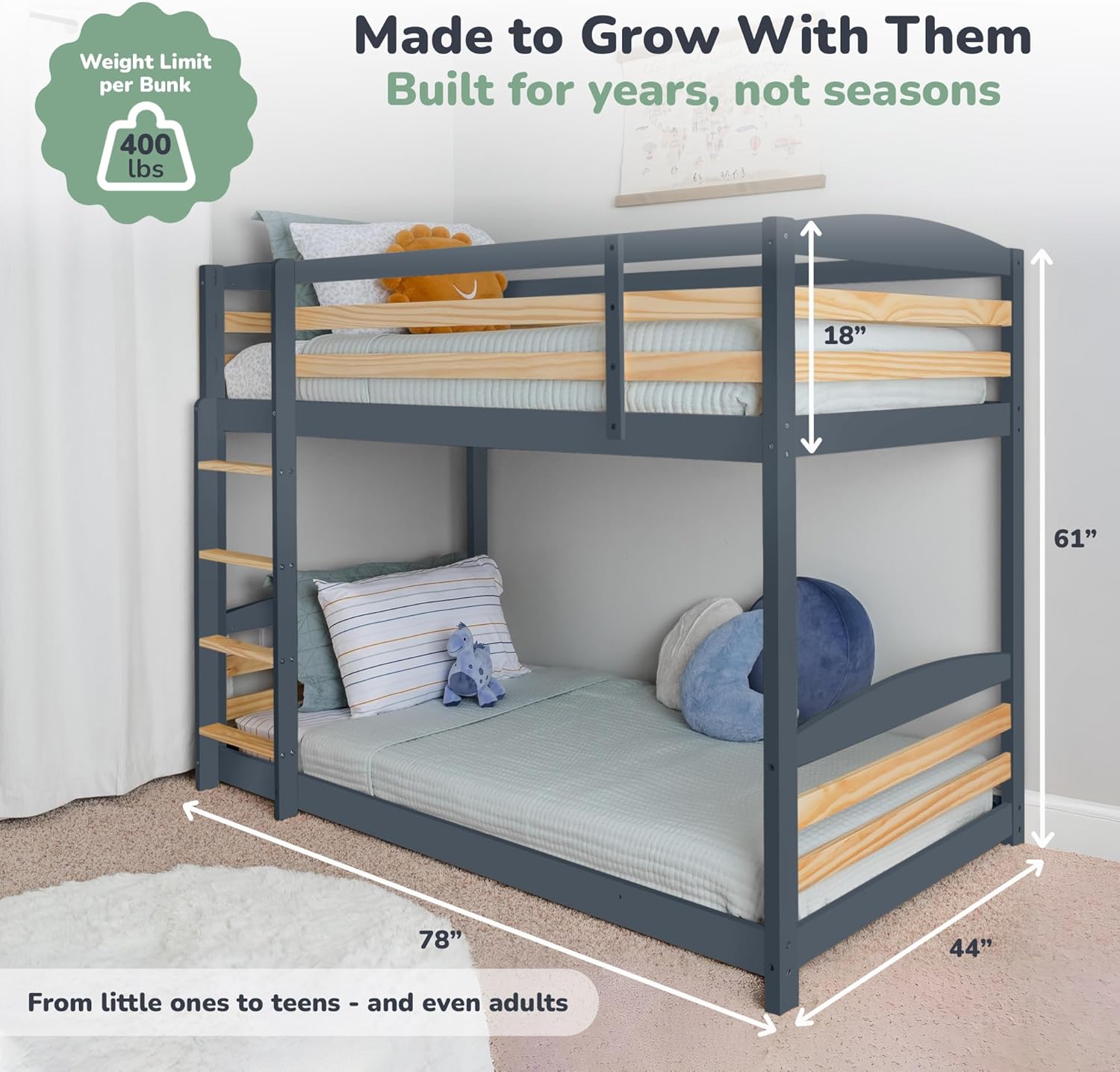 Ocodile Low Bunk Bed Twin Over Twin with Unique Design for Kids and Toddlers, Solid Wood Bunk Bed Frame with 28 Strong Wooden Slats and High Guardrails - Gray